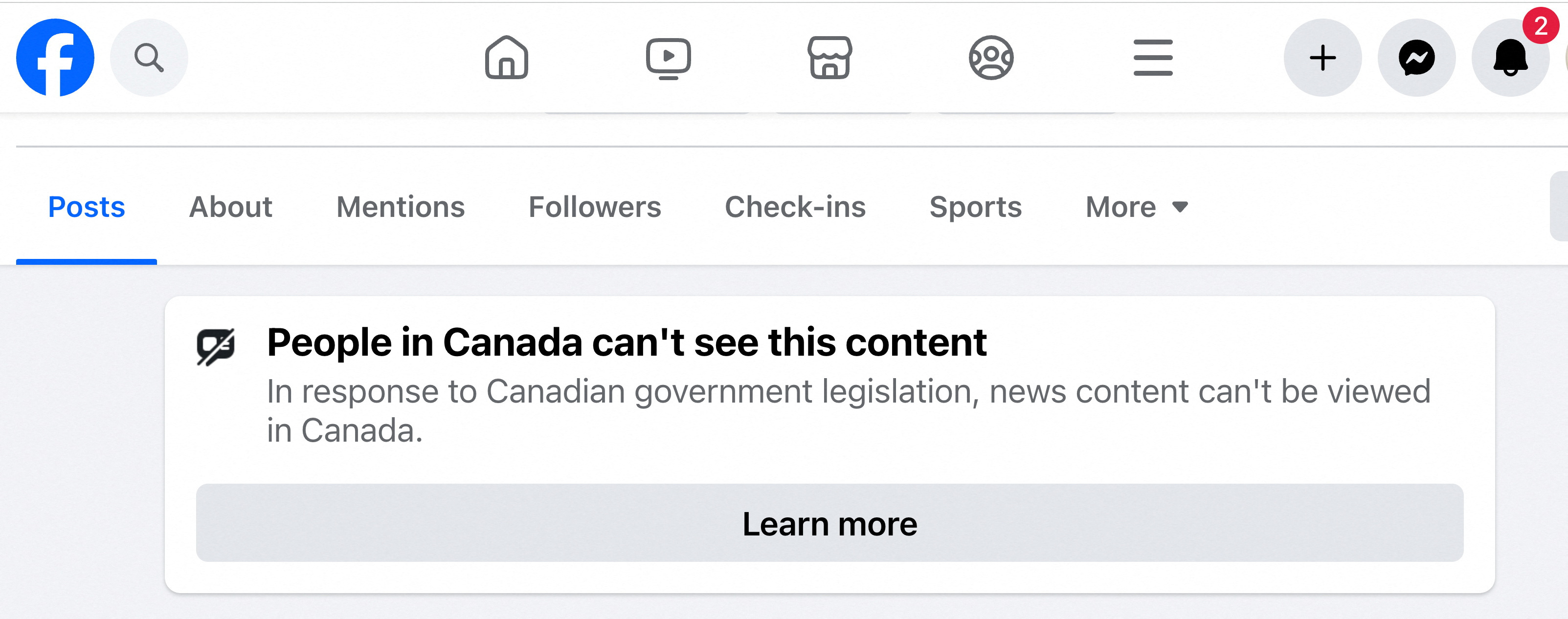 Warning that news stories cannot be seen on Facebook by users in Canada