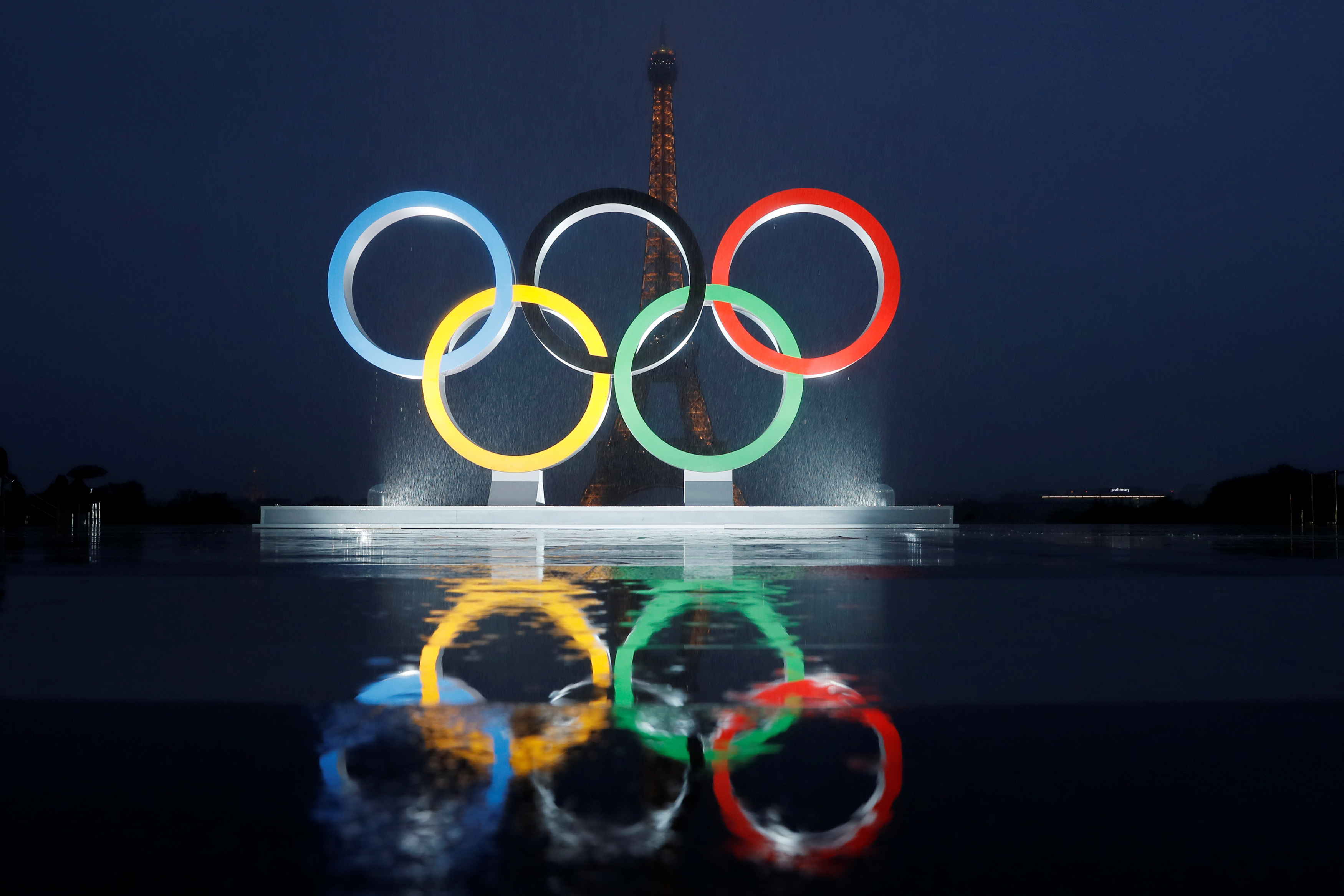 The Olympic rings are seen after the IOC officially announced that Paris won the 2024 Olympic bid during a ceremony at the Trocadero square near the Eiffel Tower in Paris
