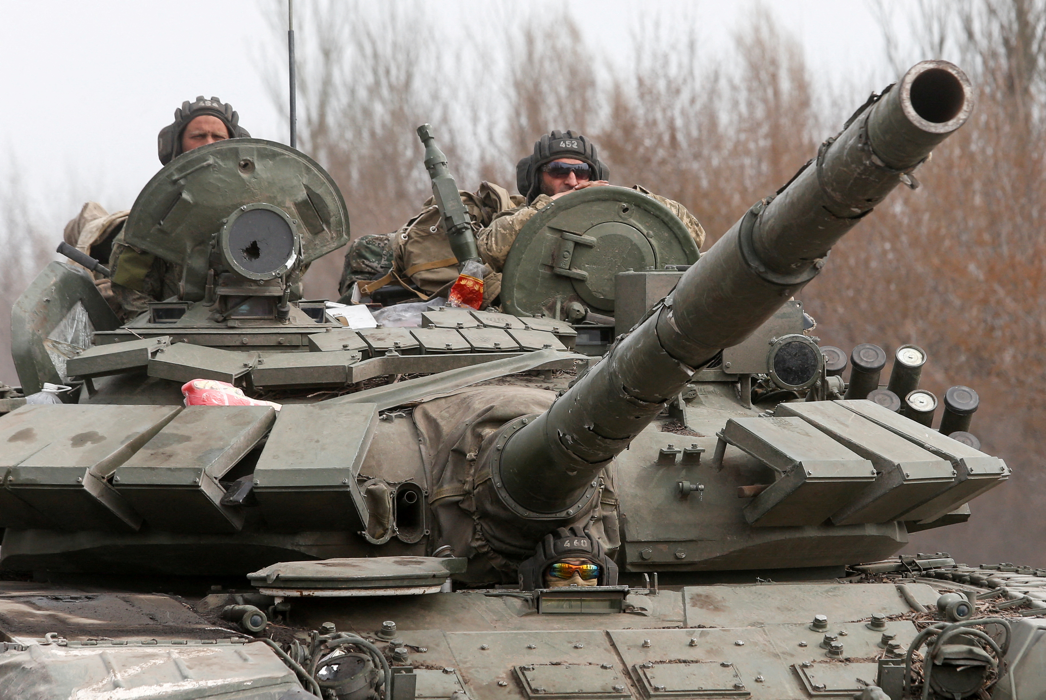 An armoured convoy of pro-Russian troops drive outside Mariupol