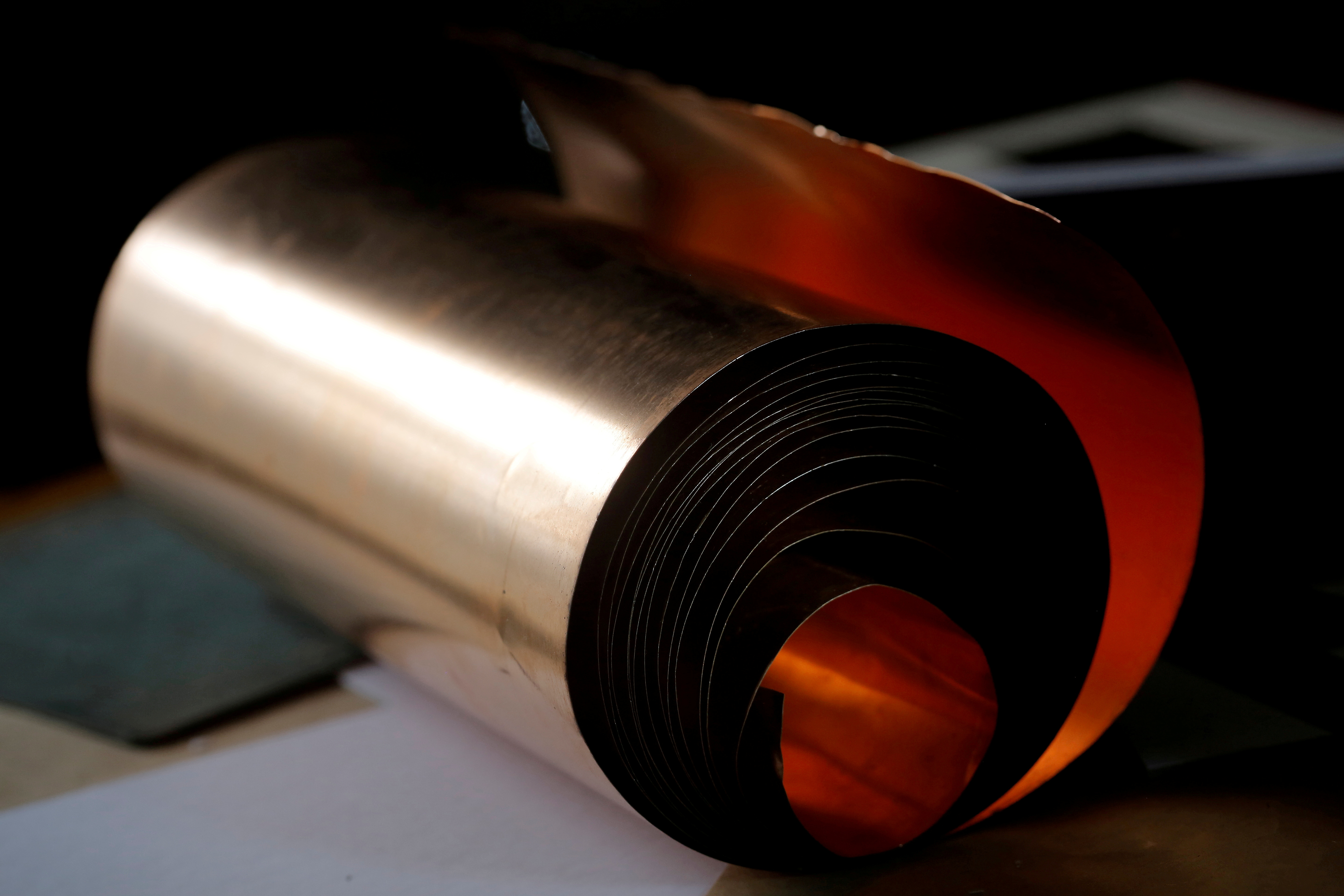 A copper roll that will be used for drawings is seen at the workshop of the artist Ricardo Moreno in San Pedro de Barva