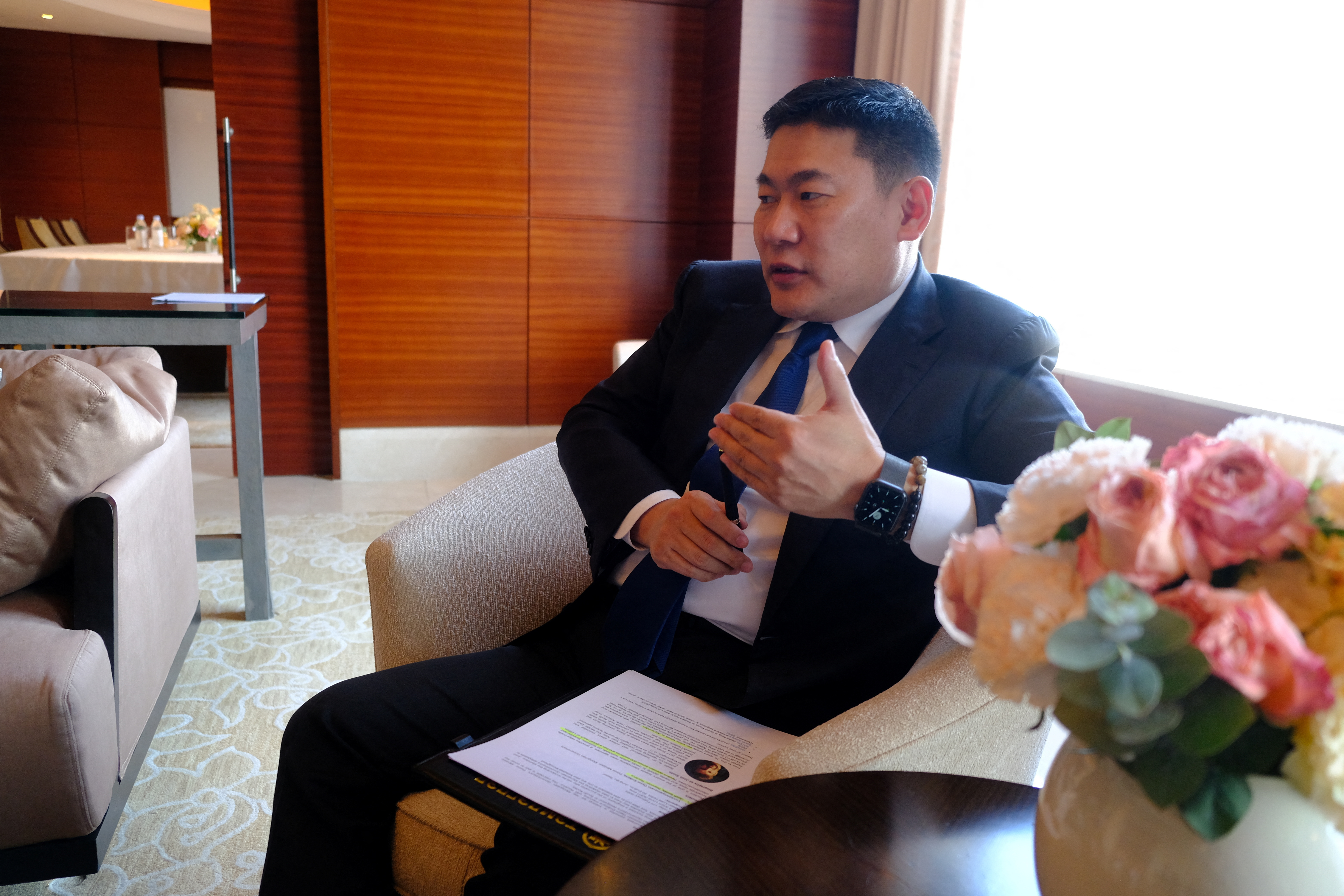 Mongolian PM Oyun-Erdene speaks during an interview in Seoul