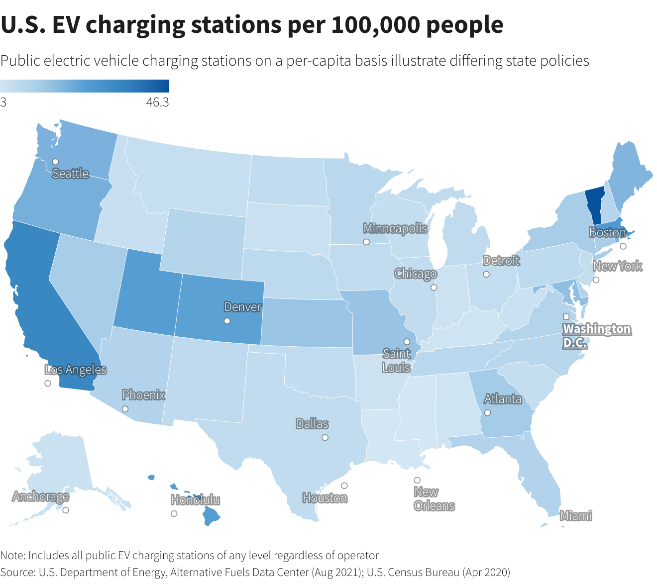 U.S. EV charging stations per 100,000 people U.S. EV charging stations per 100,000 people