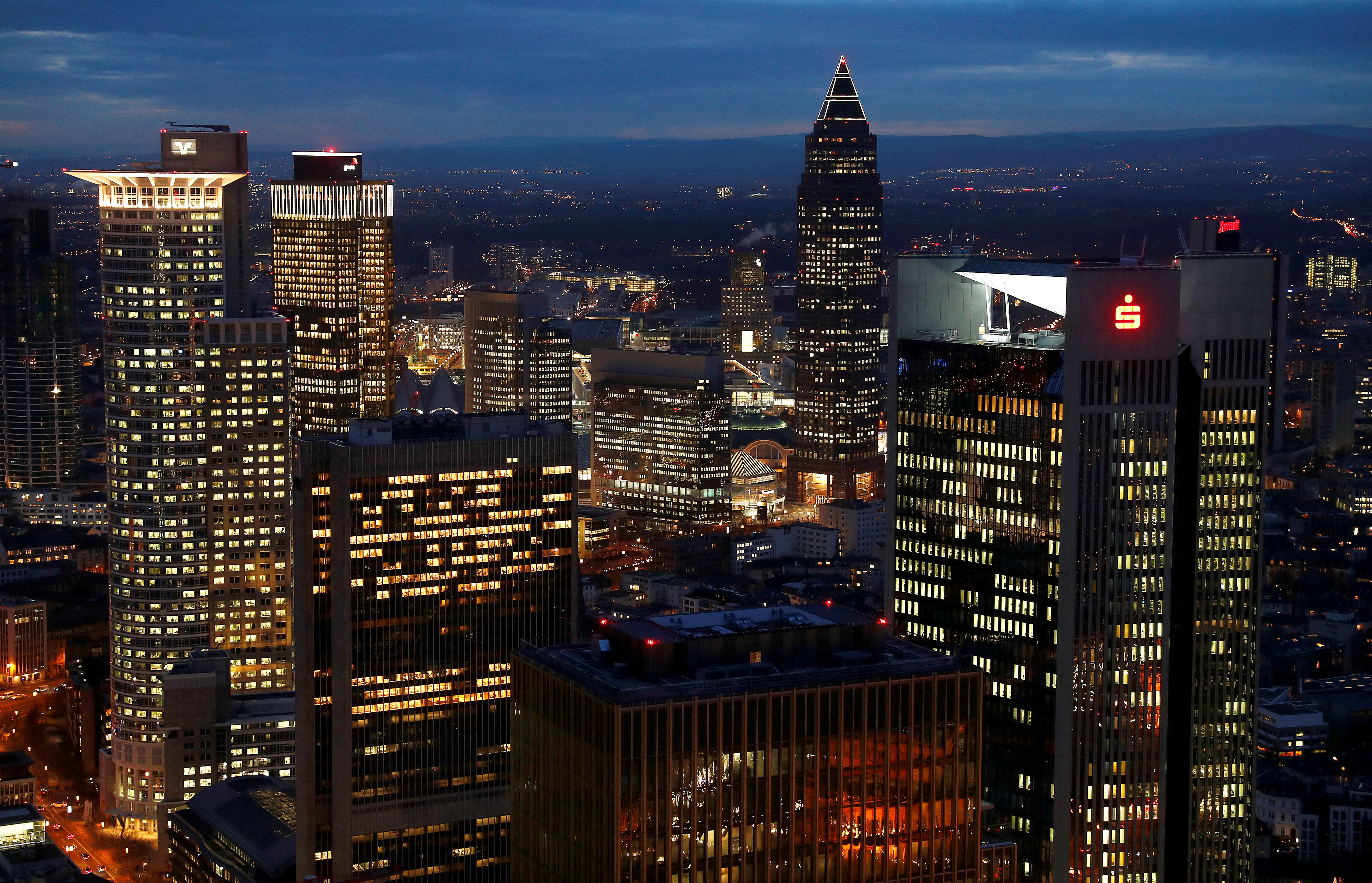 The financial district is photographed on early evening in Frankfurt