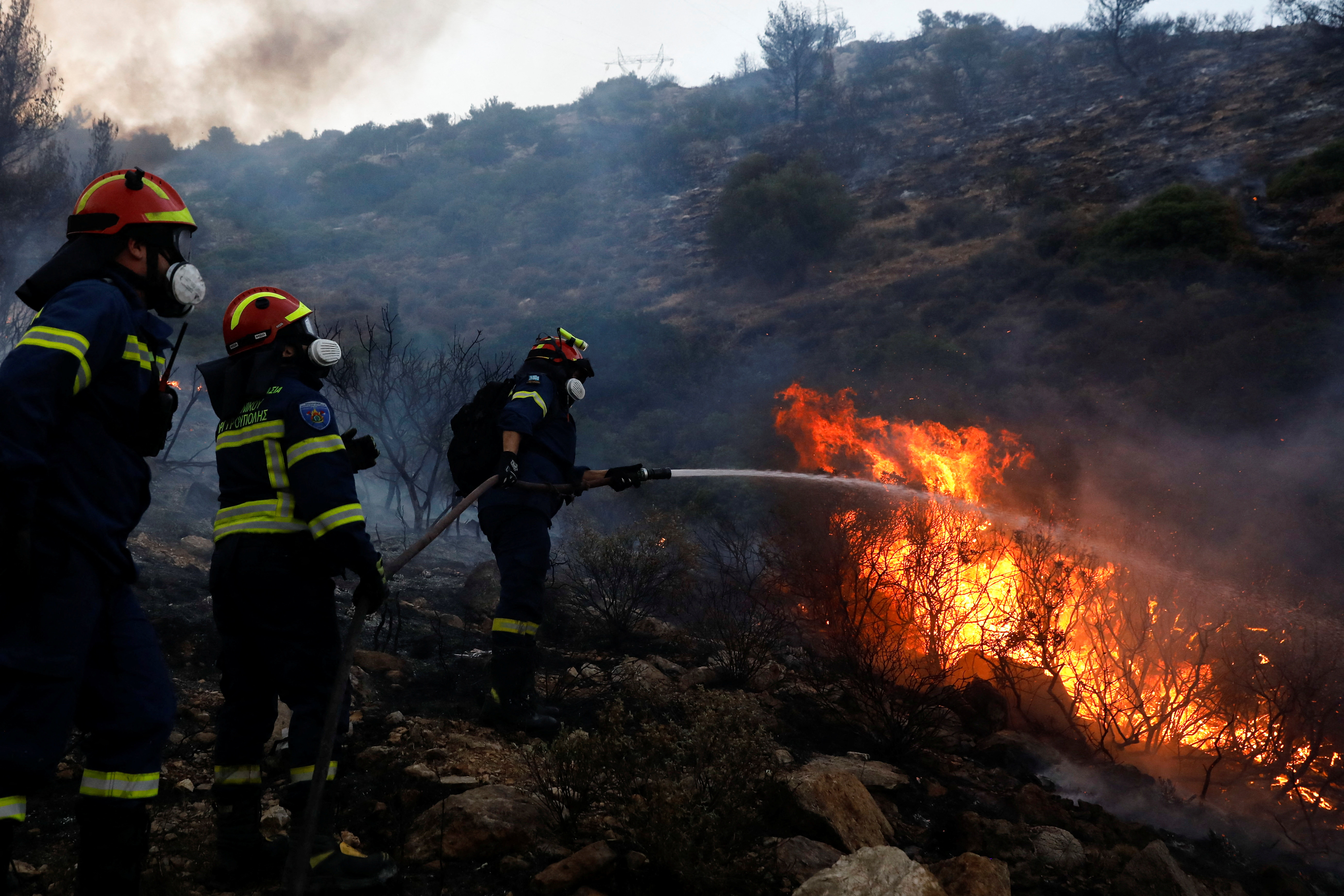 Firefighters and volunteers try to extinguish a wildfire near Vari, south of Athens
