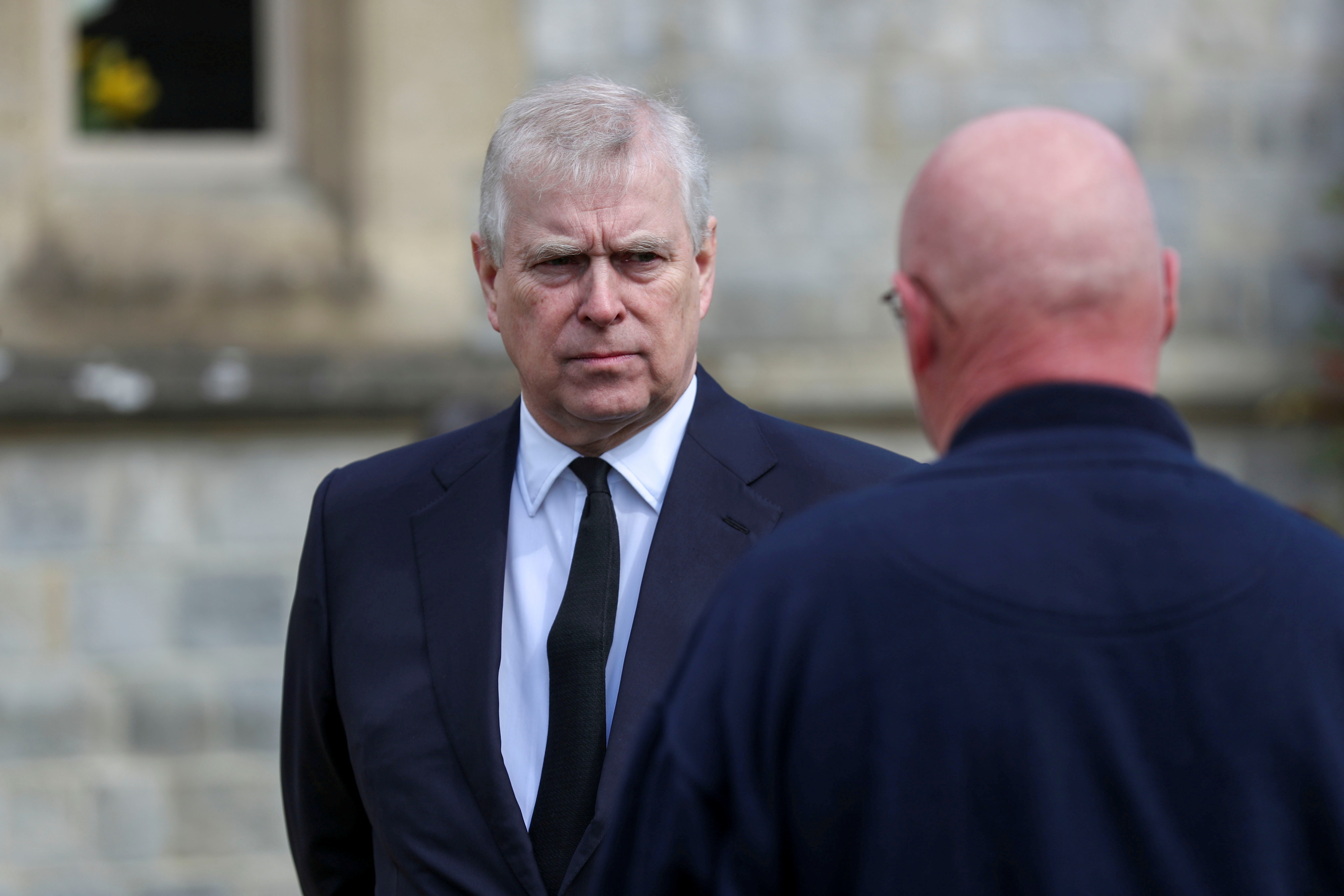 Britain's Prince Andrew attends Sunday service at the Royal Chapel of All Saints at Windsor Great Park, Britain following Friday's death of his father Prince Philip at age 99, April 11, 2021. Steve Parsons/PA Wire/Pool via REUTERS 