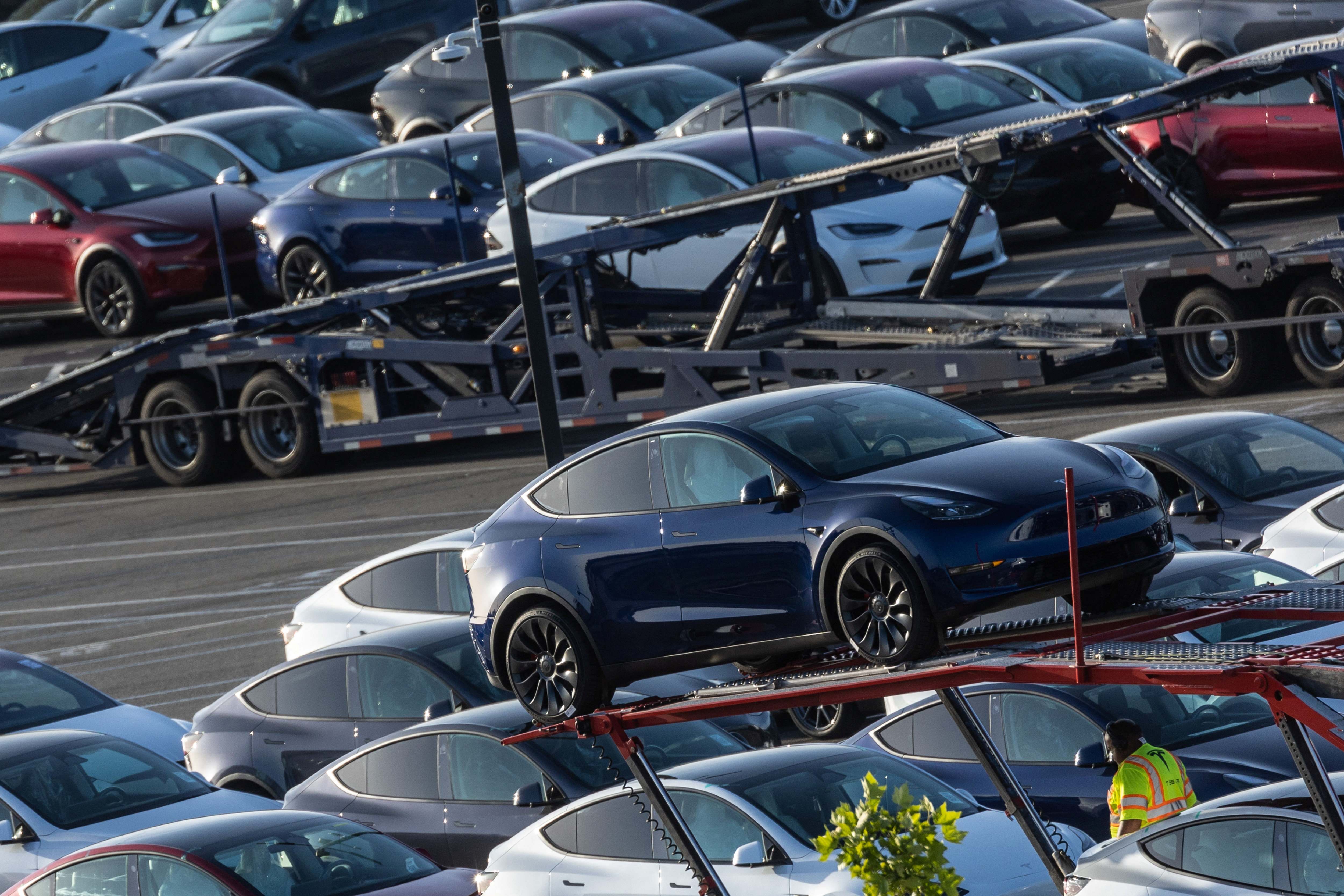 Tesla vehicles are seen for sale at a Tesla facility in Fremont, California