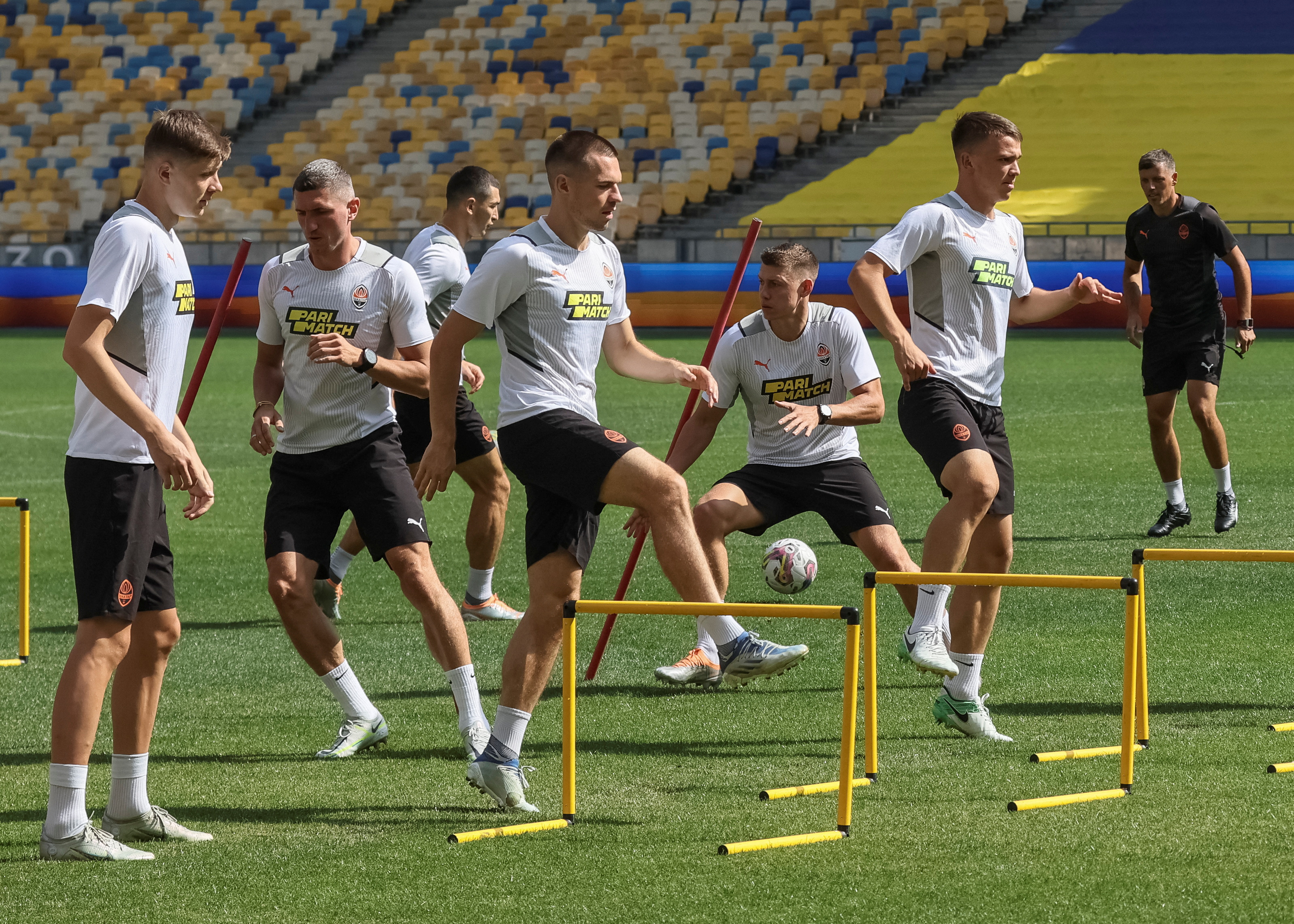 Shakhtar Donetsk's players during training at the NSC Olimpiyskiy stadium in Kyiv