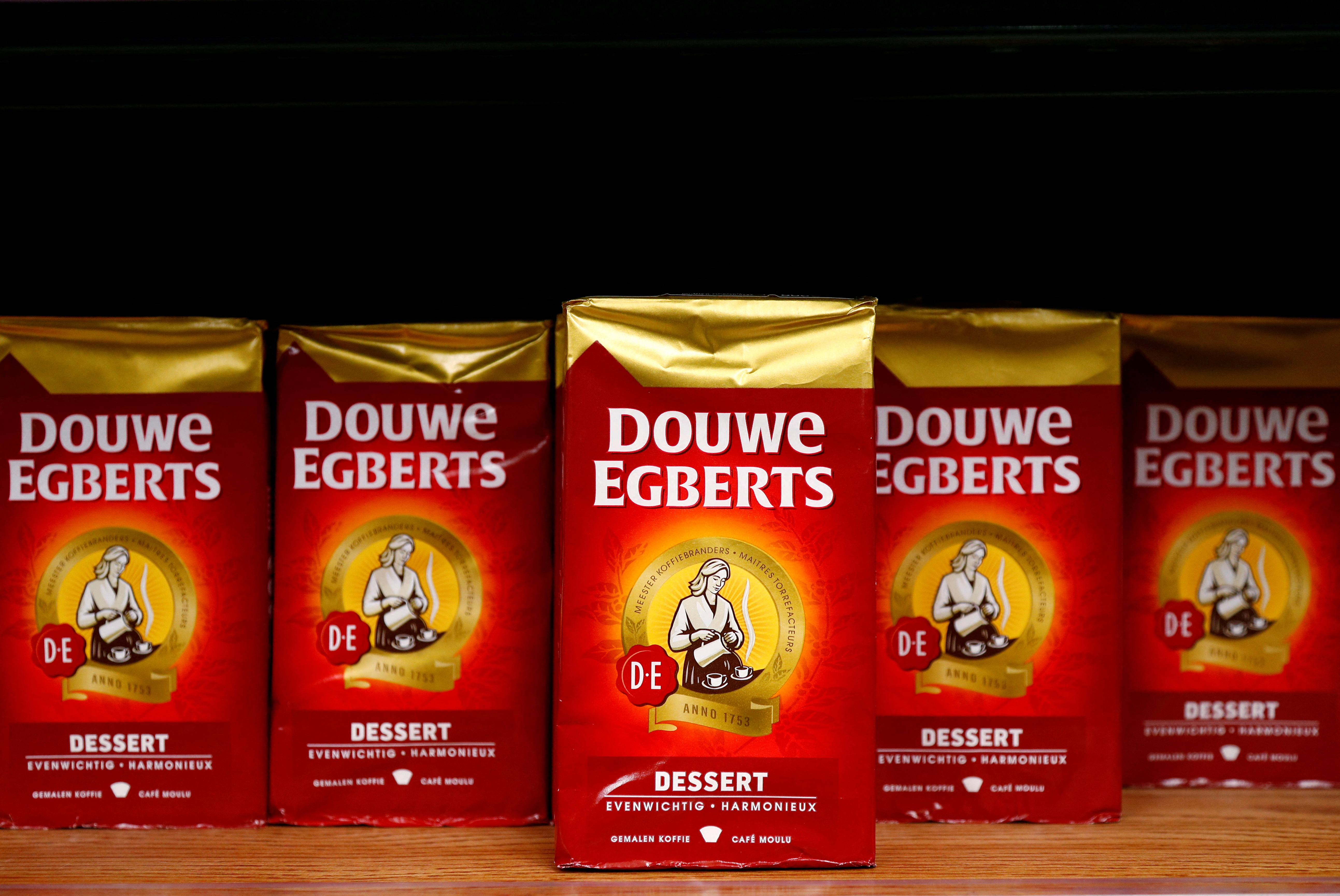 Douwe Egberts coffee packets are seen at a Carrefour supermarket in Brussels