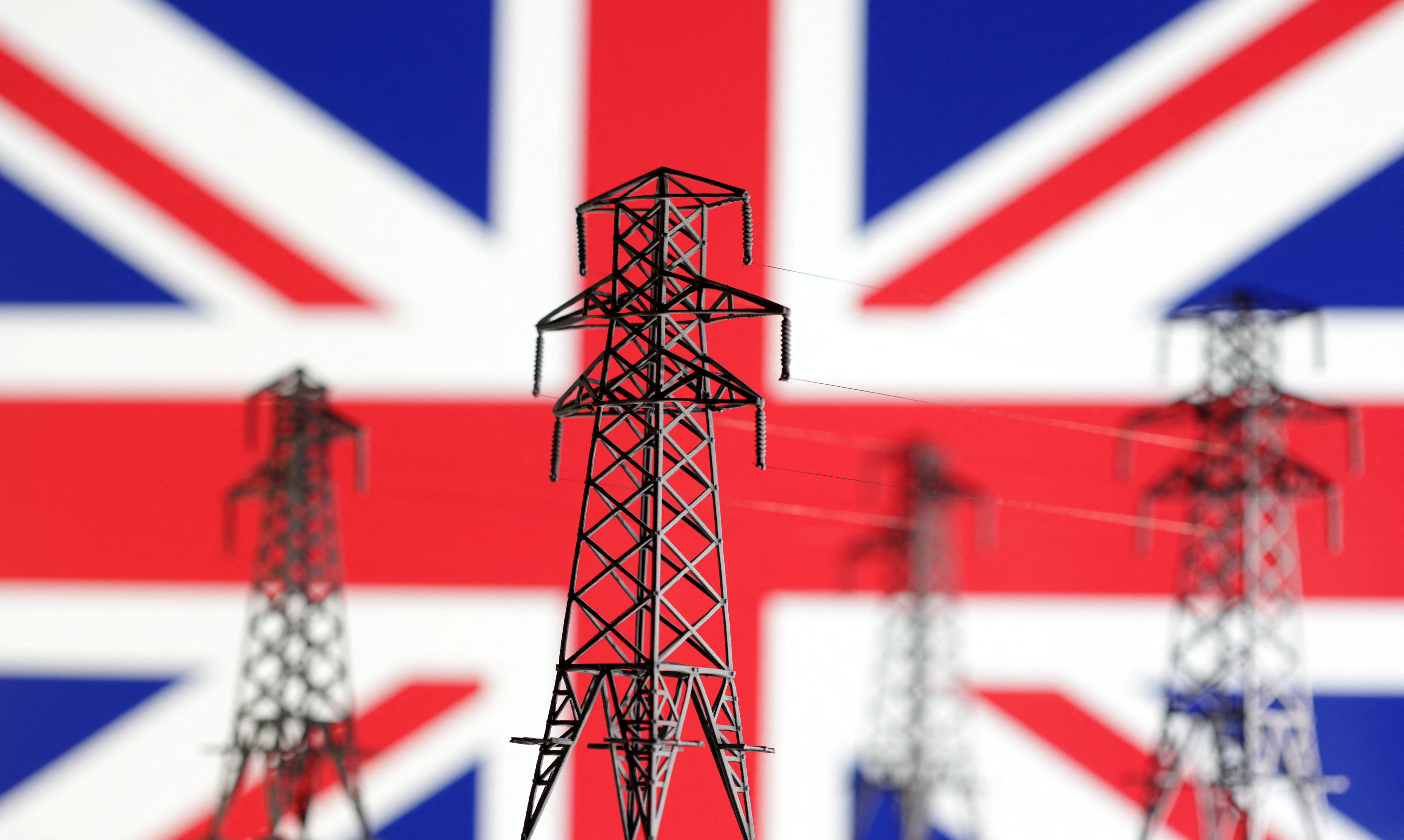 Illustration shows Electric power transmission miniatures and U.K. flag