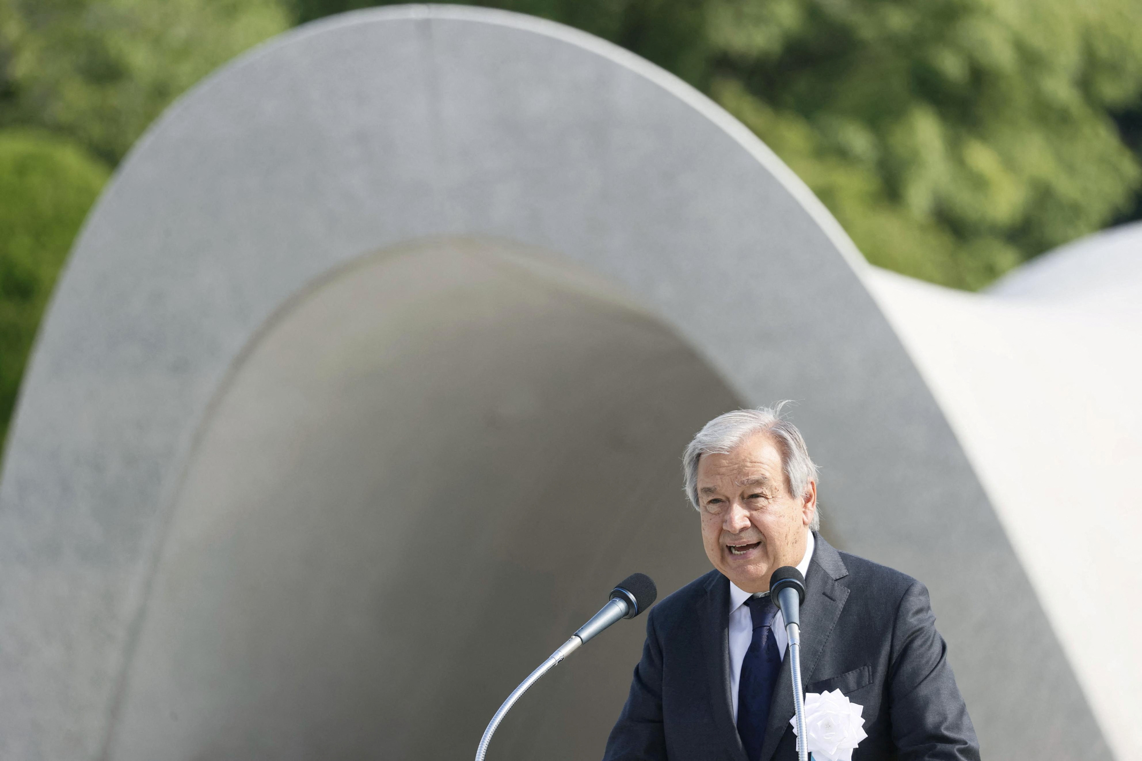 U.N. Secretary General Antonio Guterres delivers a speech during a ceremony to mark the 77th anniversary of the world's first atomic bombing in Hiroshima, Japan