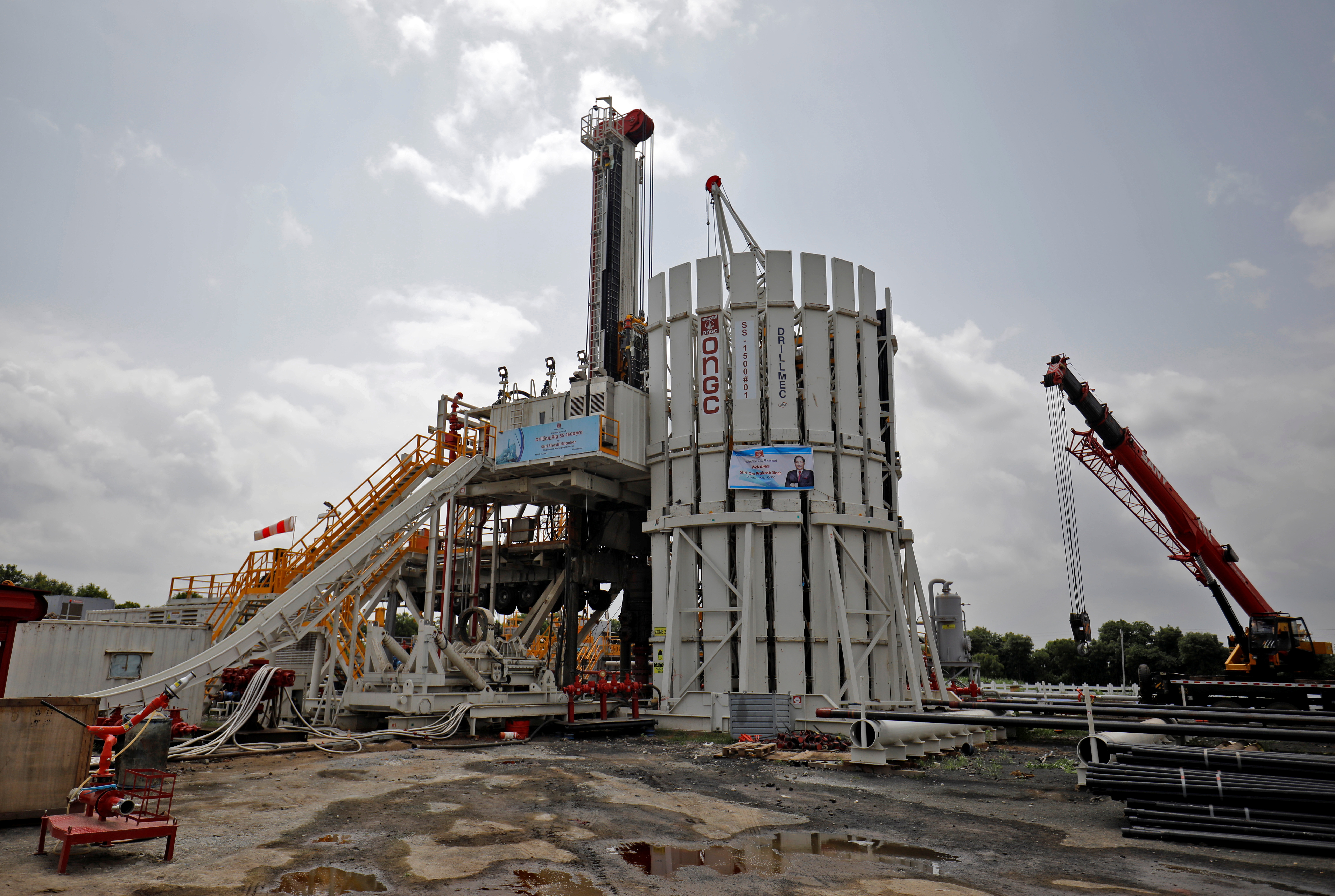 An oil rig manufactured by Megha Engineering and Infrastructures Limited (MEIL) at an Oil and Natural Gas Corp (ONGC) plant, during a media tour of the plant in Dhamasna