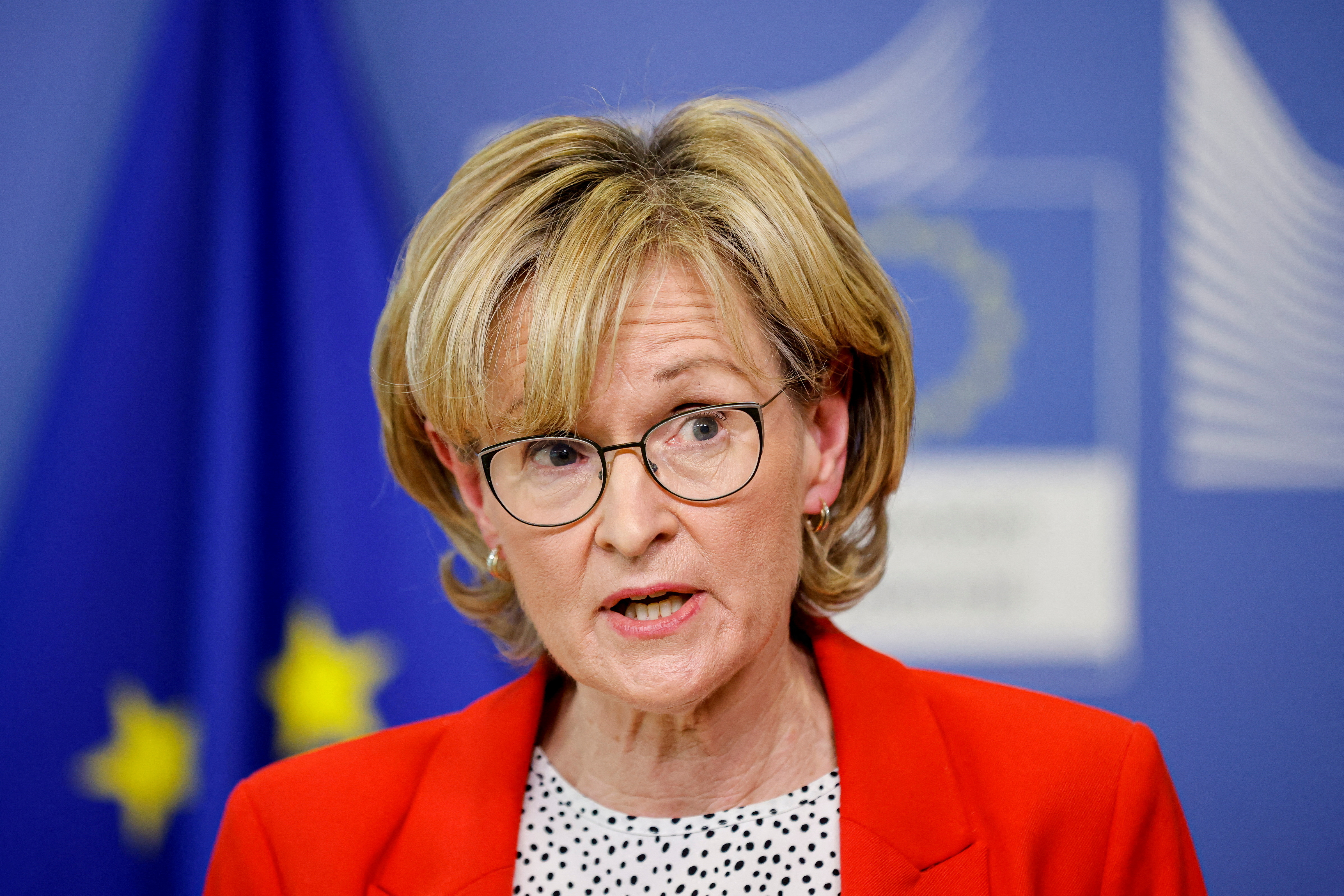 EU Commissioner McGuinness at a news conference in Brussels