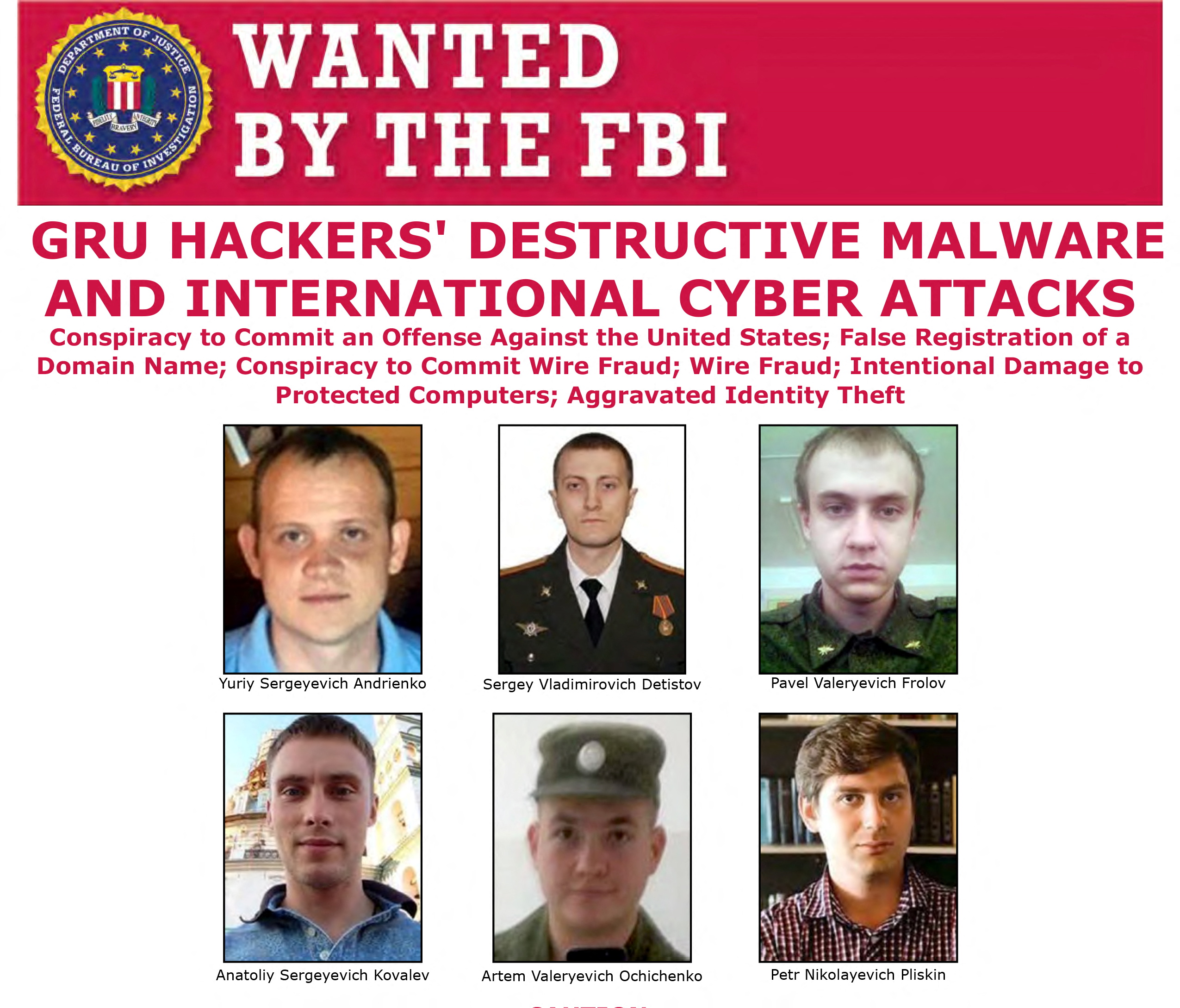 FBI poster showing six wanted Russian military intelligent officers
