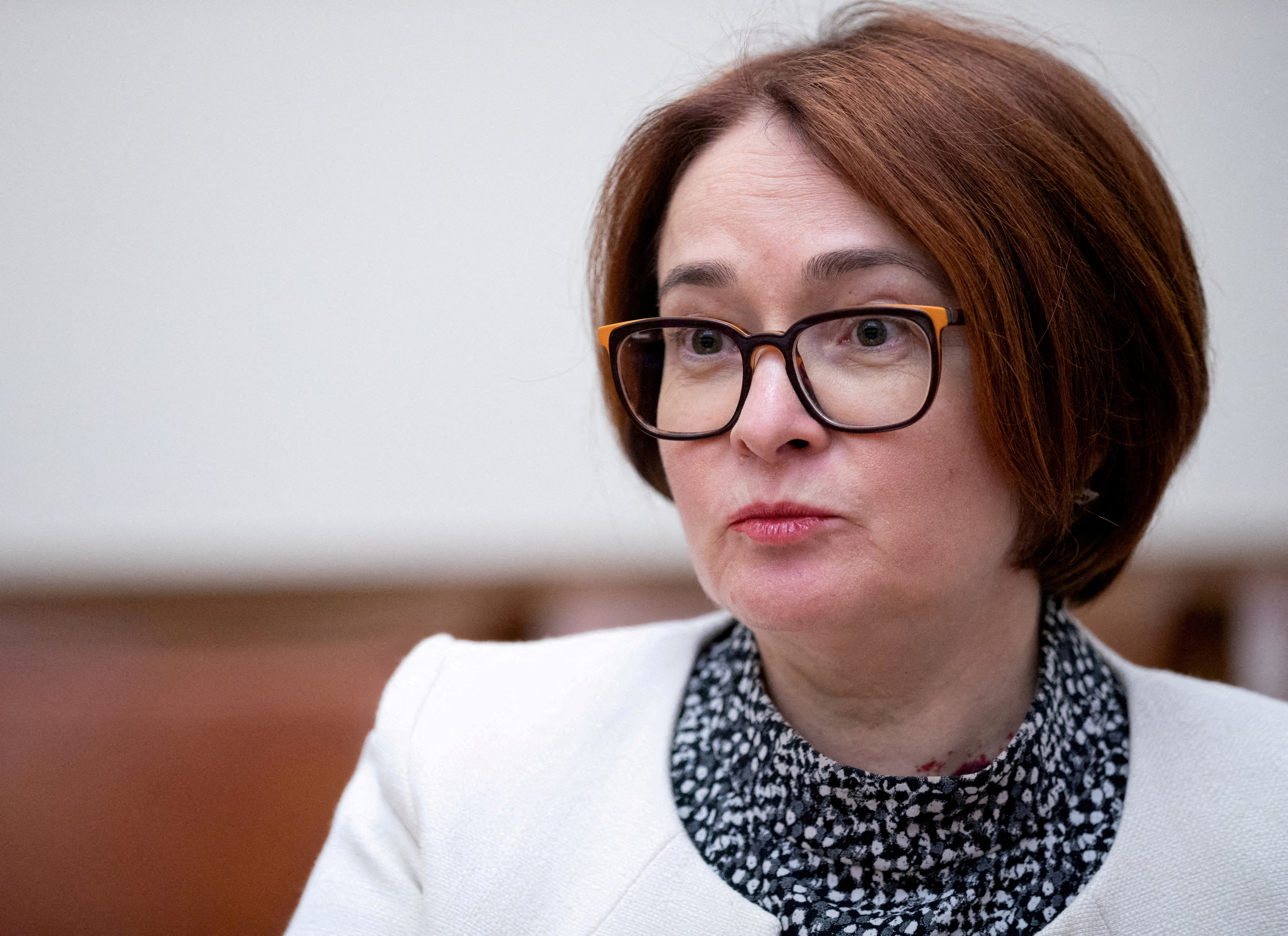 Russian Central Bank Governor Nabiullina speaks during an interview in Moscow