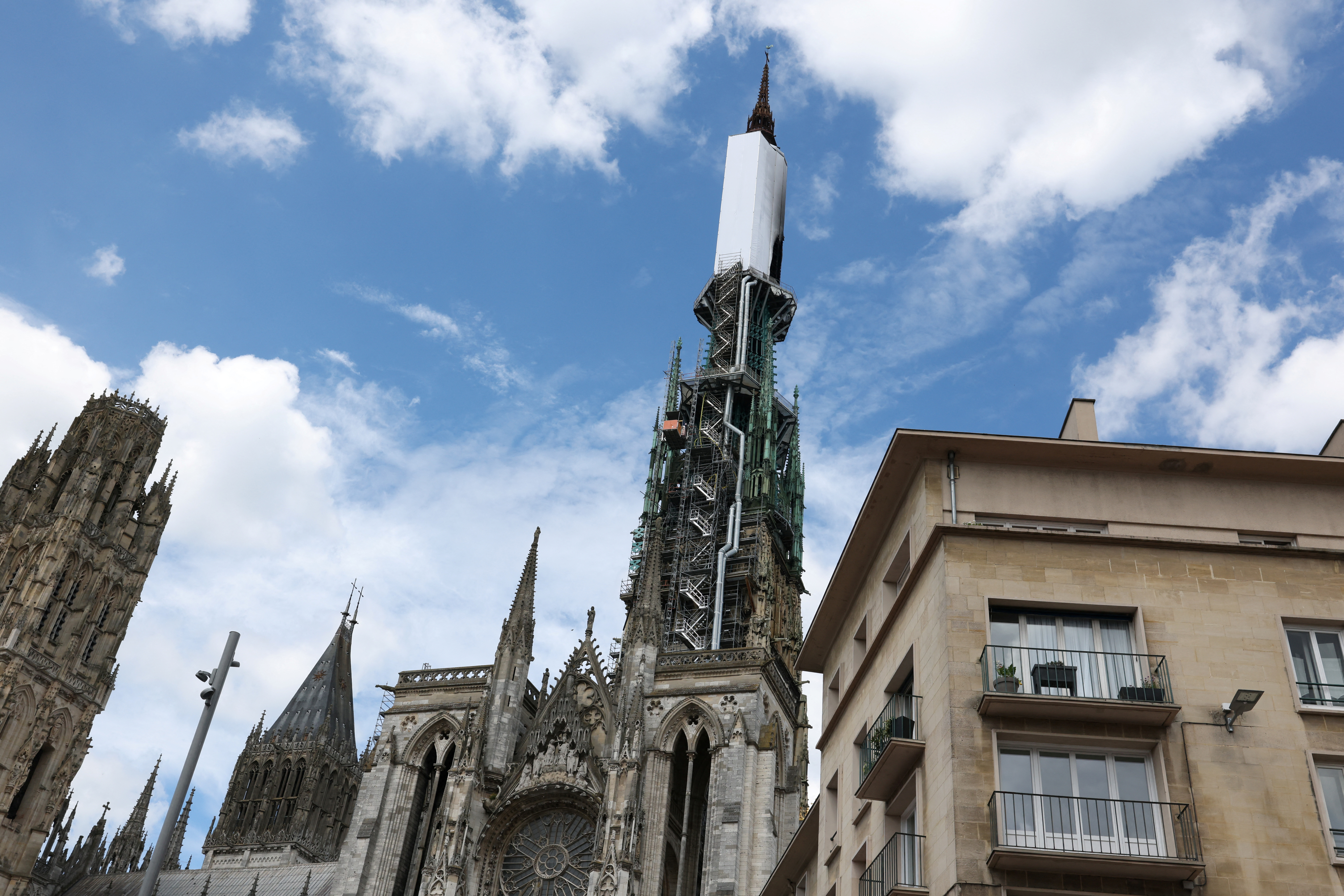 The spire of Rouen's cathedral has caught fire