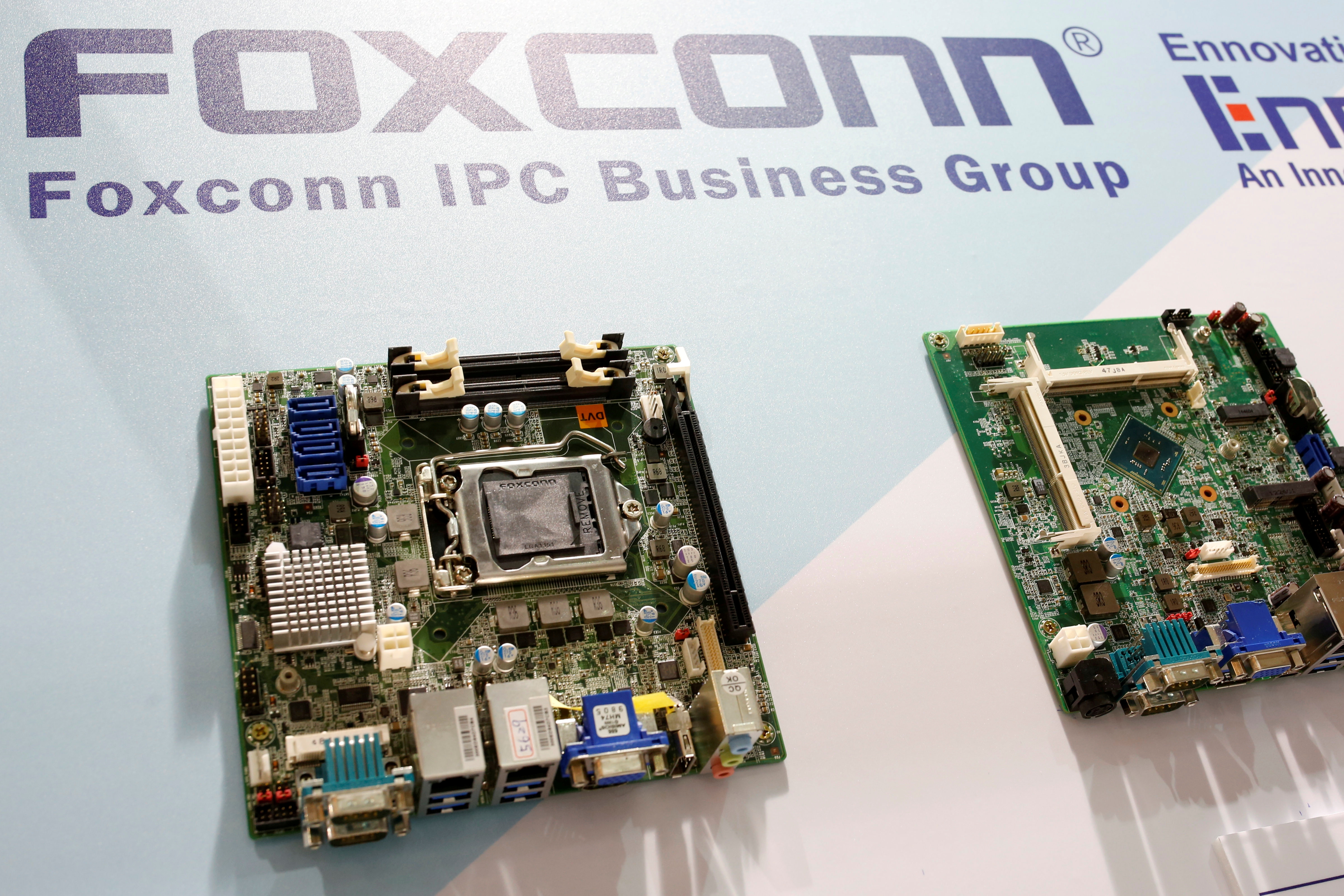 Foxconn's computer motherboards are seen during the annual Computex computer exhibition in Taipei, Taiwan June 1, 2016. REUTERS/Tyrone Siu/File Photo
