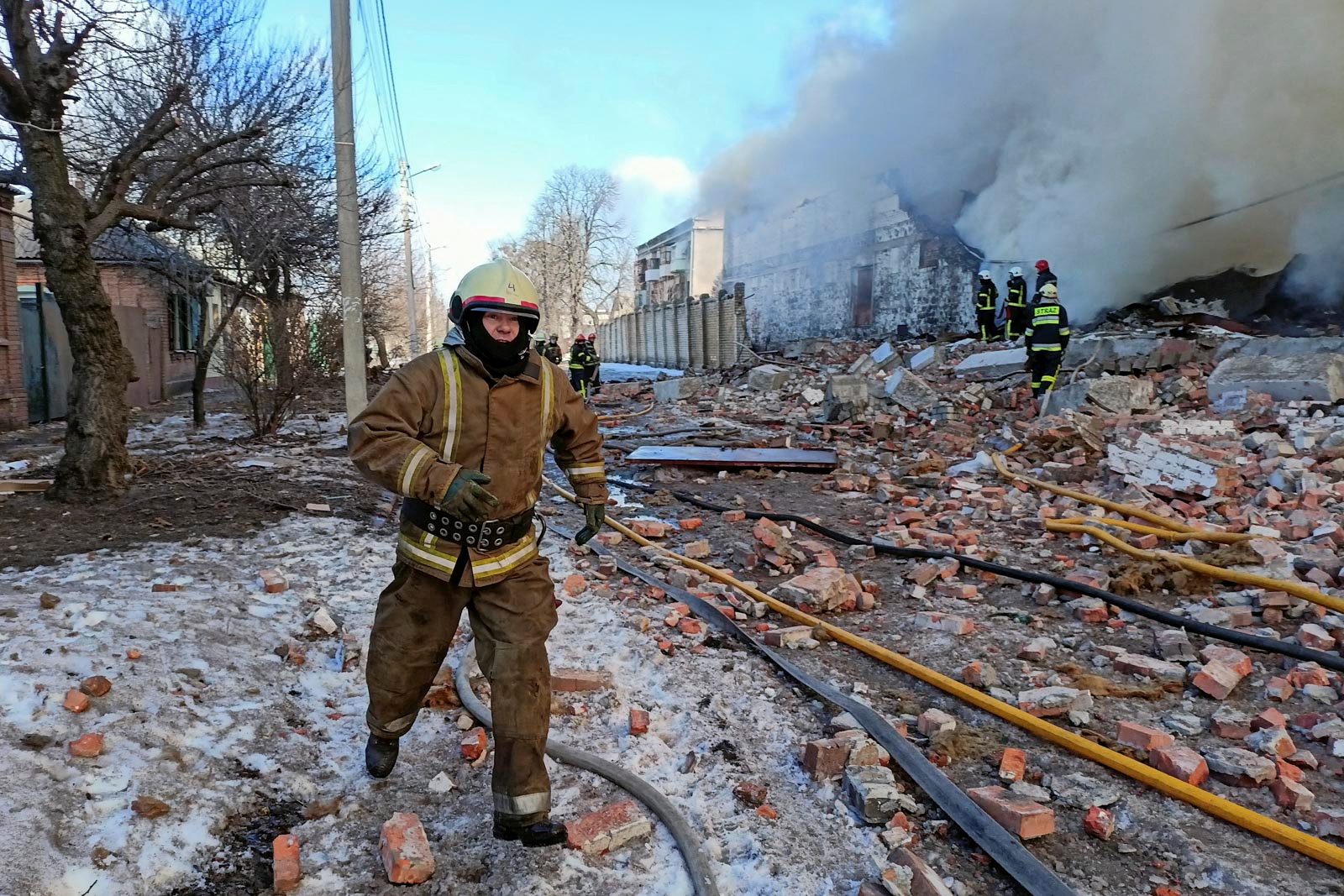 Warehouse storing products is seen on fire after shelling in Kharkiv