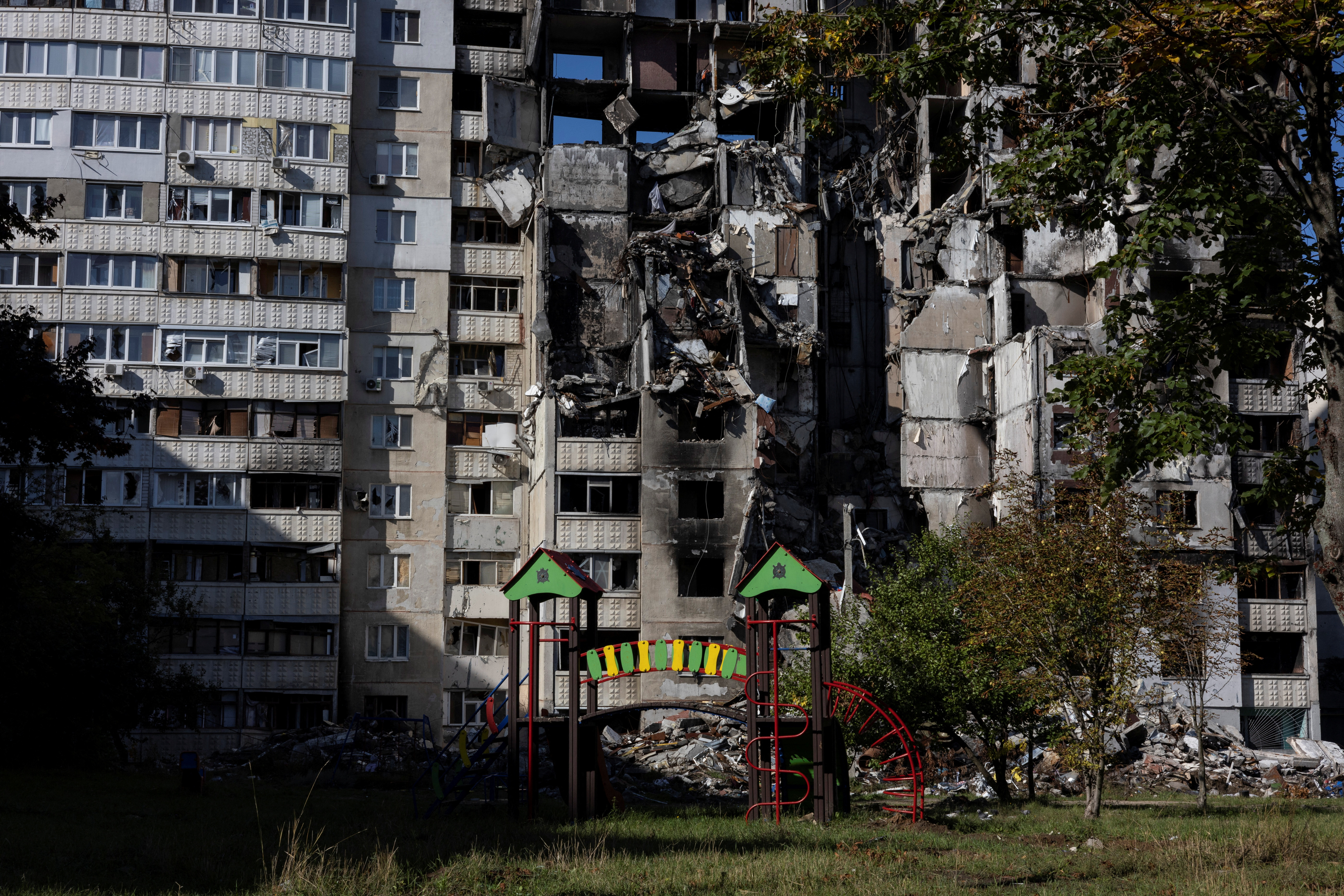 A destroyed building is seen in Saltivka neighbourhood of Kharkiv