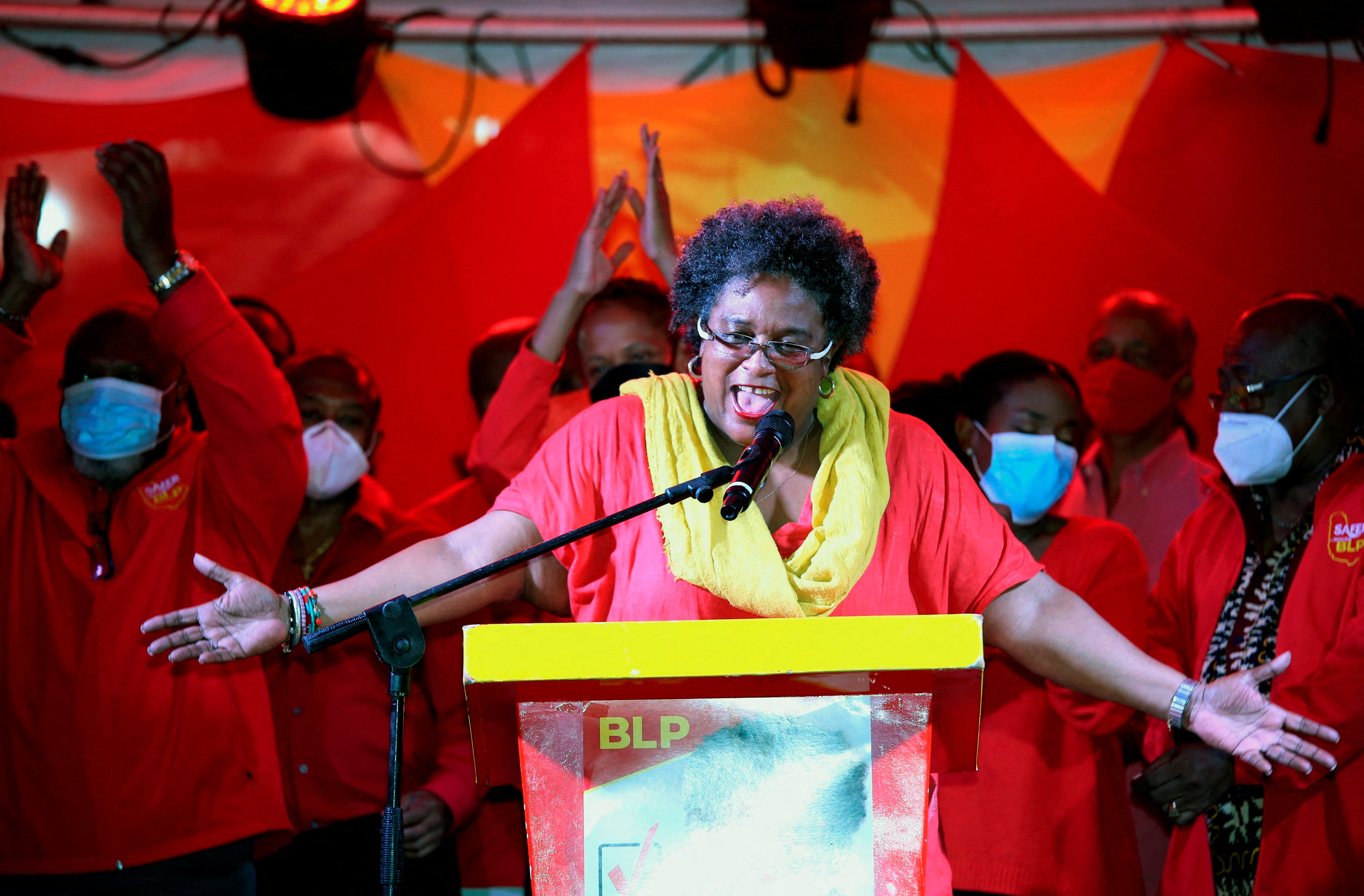 Barbados Prime Minister Mia Mottley speaks to supporters after winning a landslide victory in Bridgetown