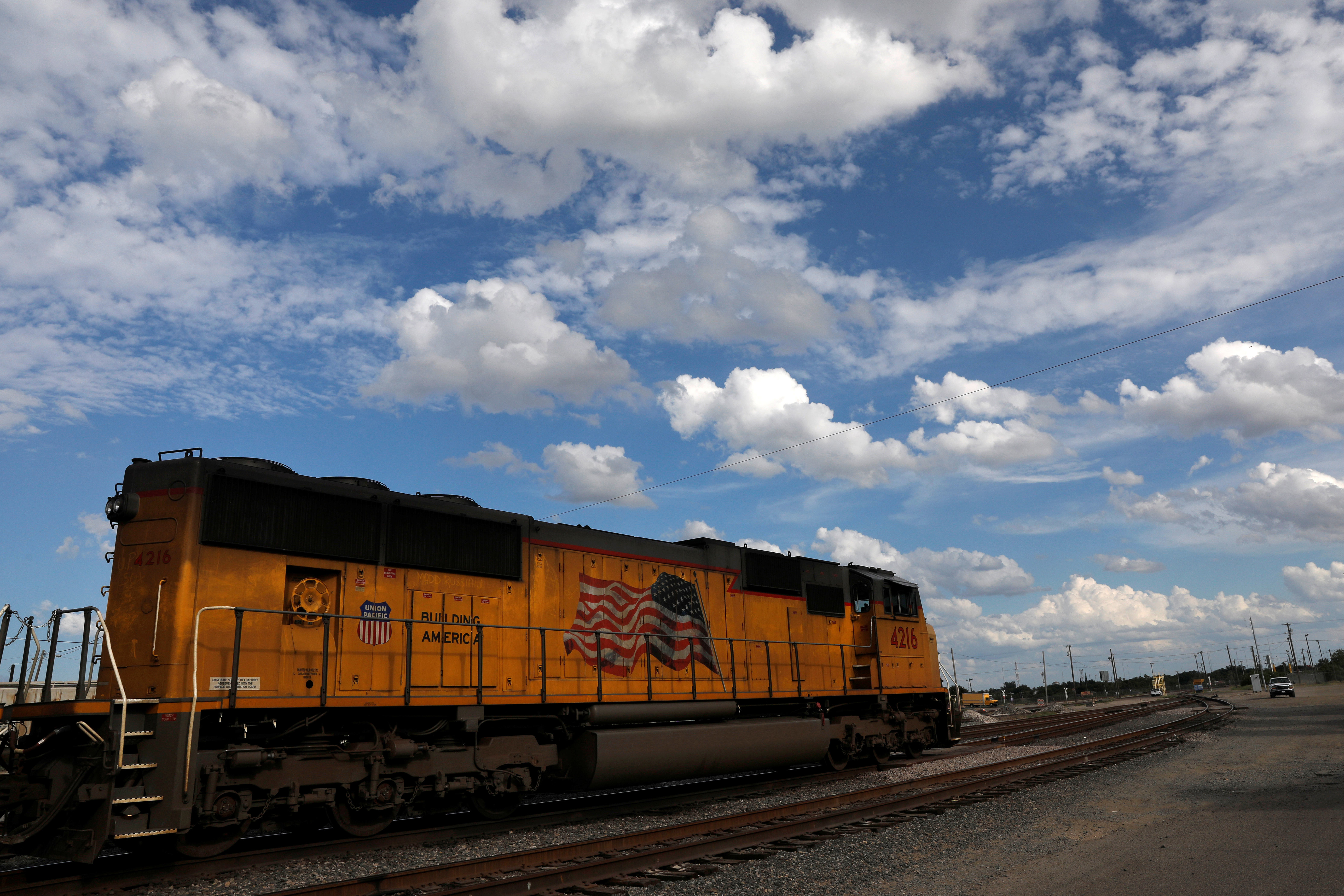 A cargo train is seen near the border between the U.S. and Mexico, in Laredo