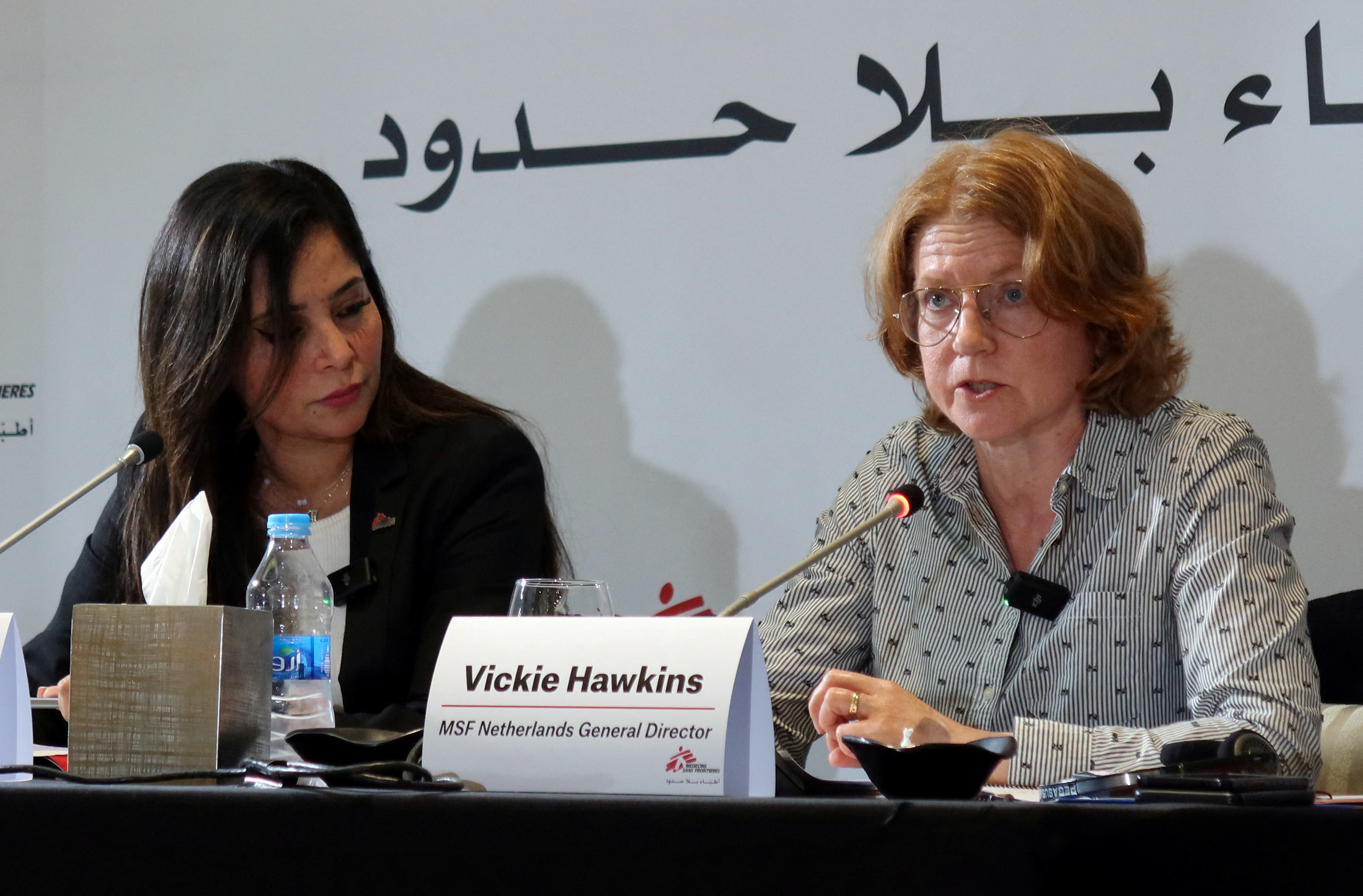 Vickie Hawkins speaks during a press conference in Amman