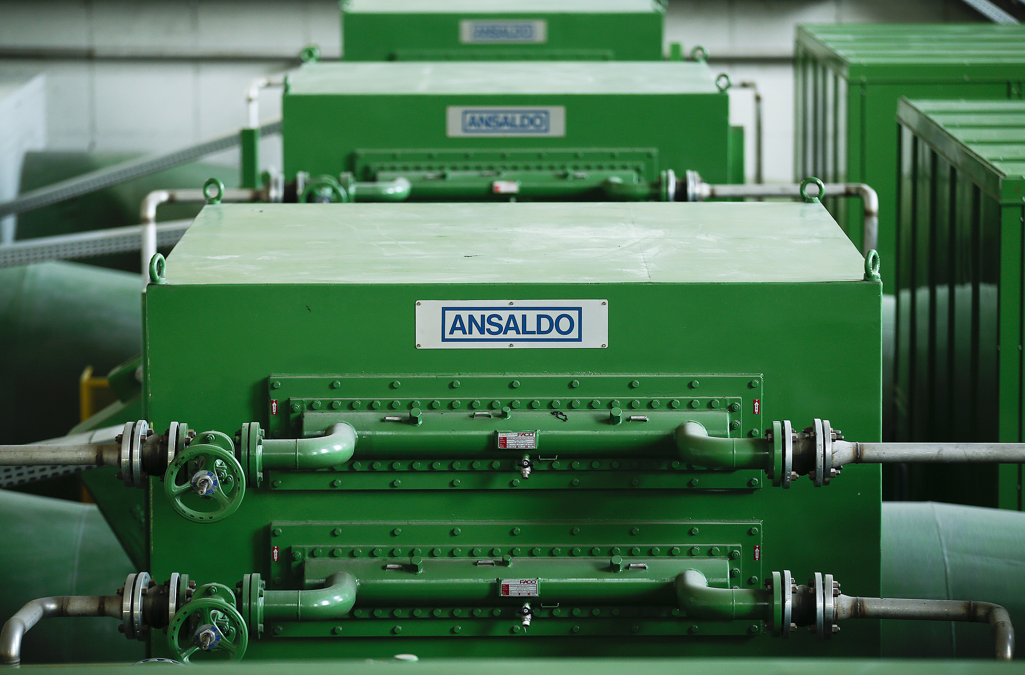 A logo of Ansaldo is seen on a machinery at the hydroelectric power plant 