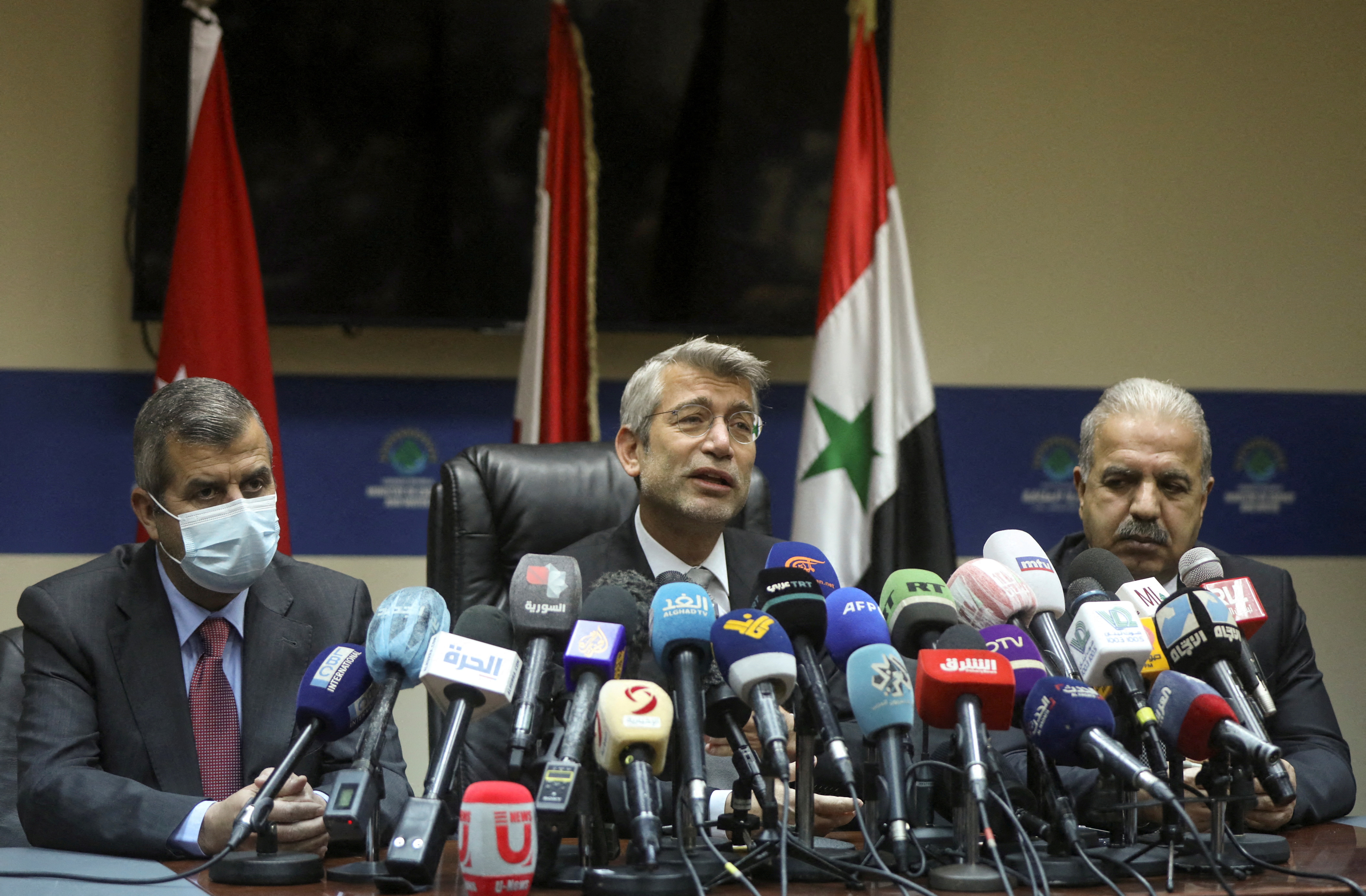 Lebanese, Syrian and Jordanian energy ministers sign a deal that will supply Lebanon with electricity, in Beirut