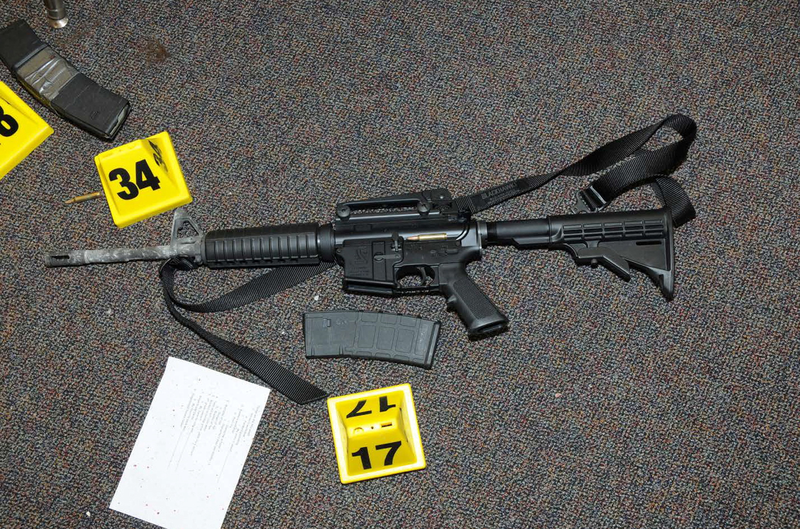 A Bushmaster Firearms LLC, AR-15 rifle that was found at Sandy Hook Elementary School in Newtown, Connecticut.   Courtesy Connecticut State Police/Handout via REUTERS  