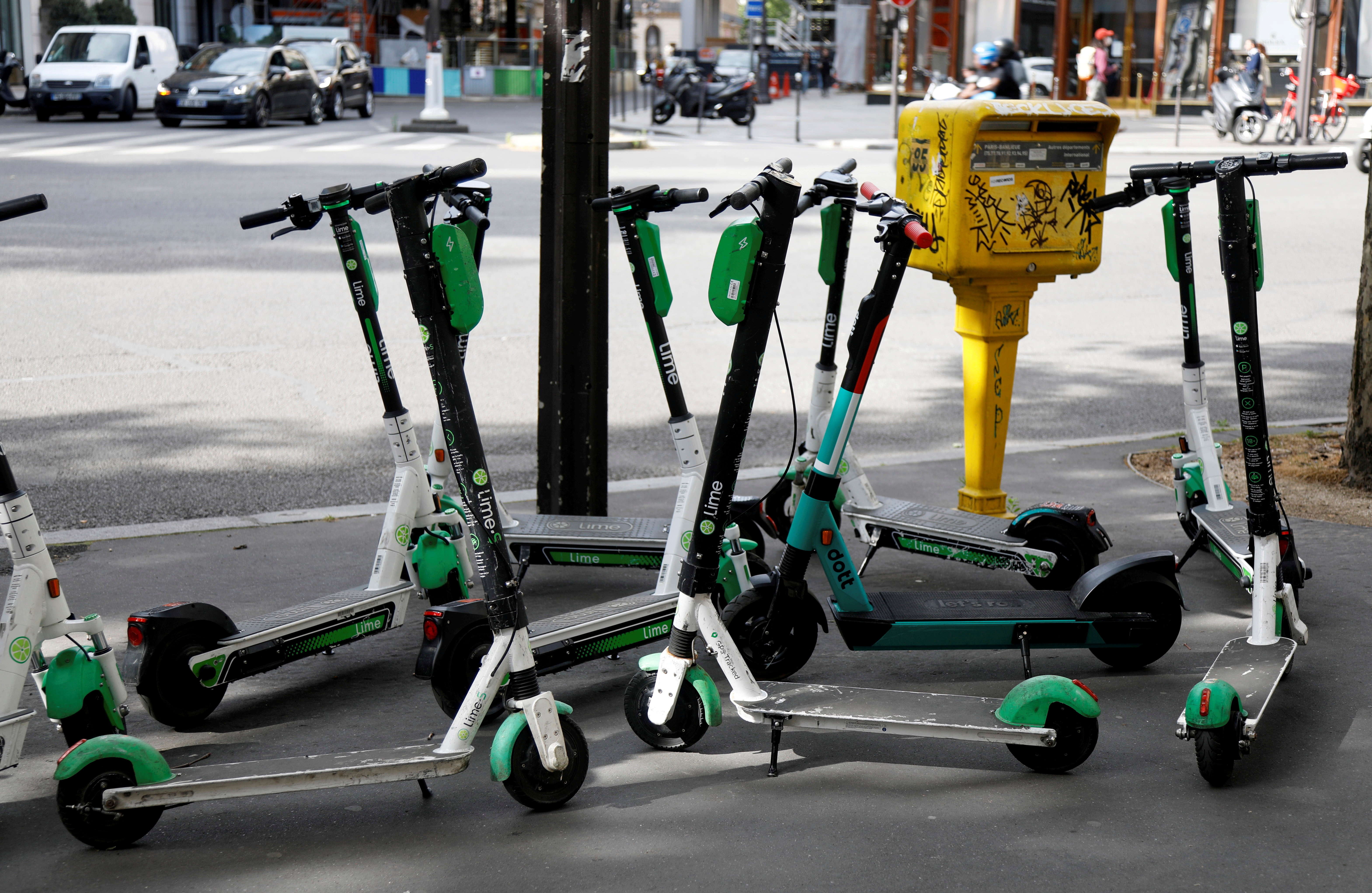 Dock-free electric scooters Lime-S by California-based bicycle sharing service Lime are parked for rent in Paris