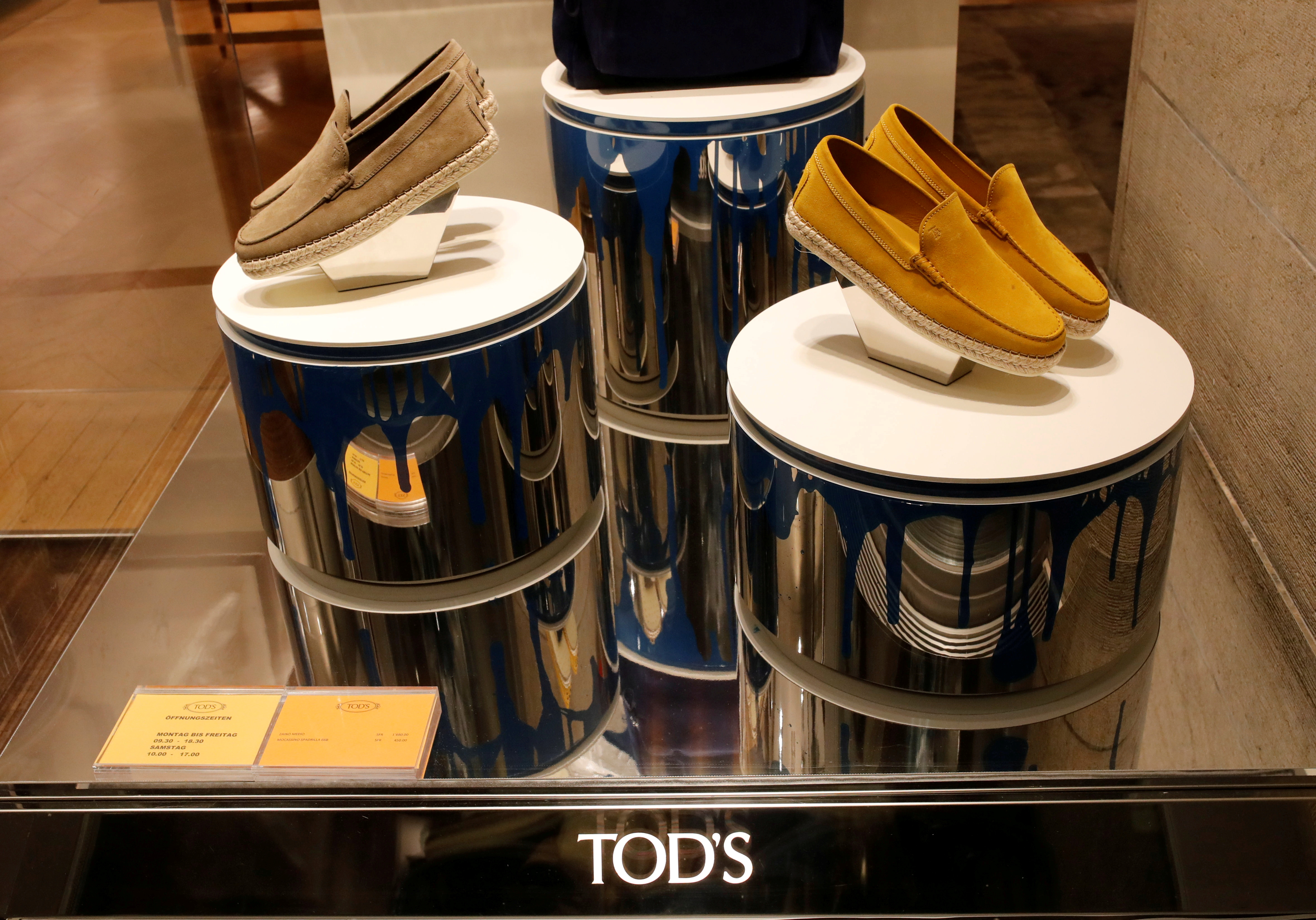 Shoes of Italian luxury shoemaker Tod's are displayed in the window of the company's store in Zurich