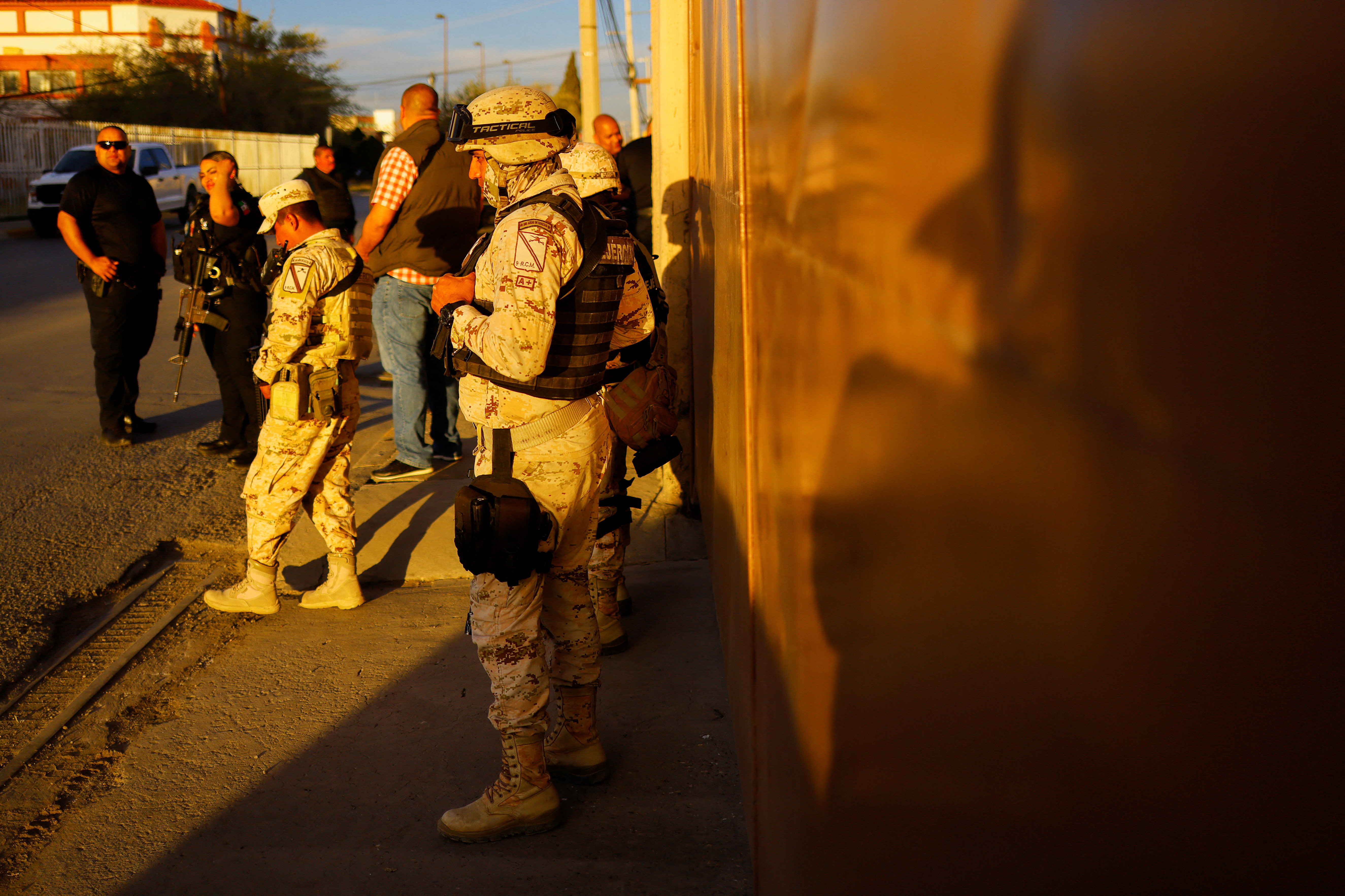 Security forces guard a trailer, in which the drug crystal meth was found according to a statement from Mexican authorities, in Ciudad Juarez