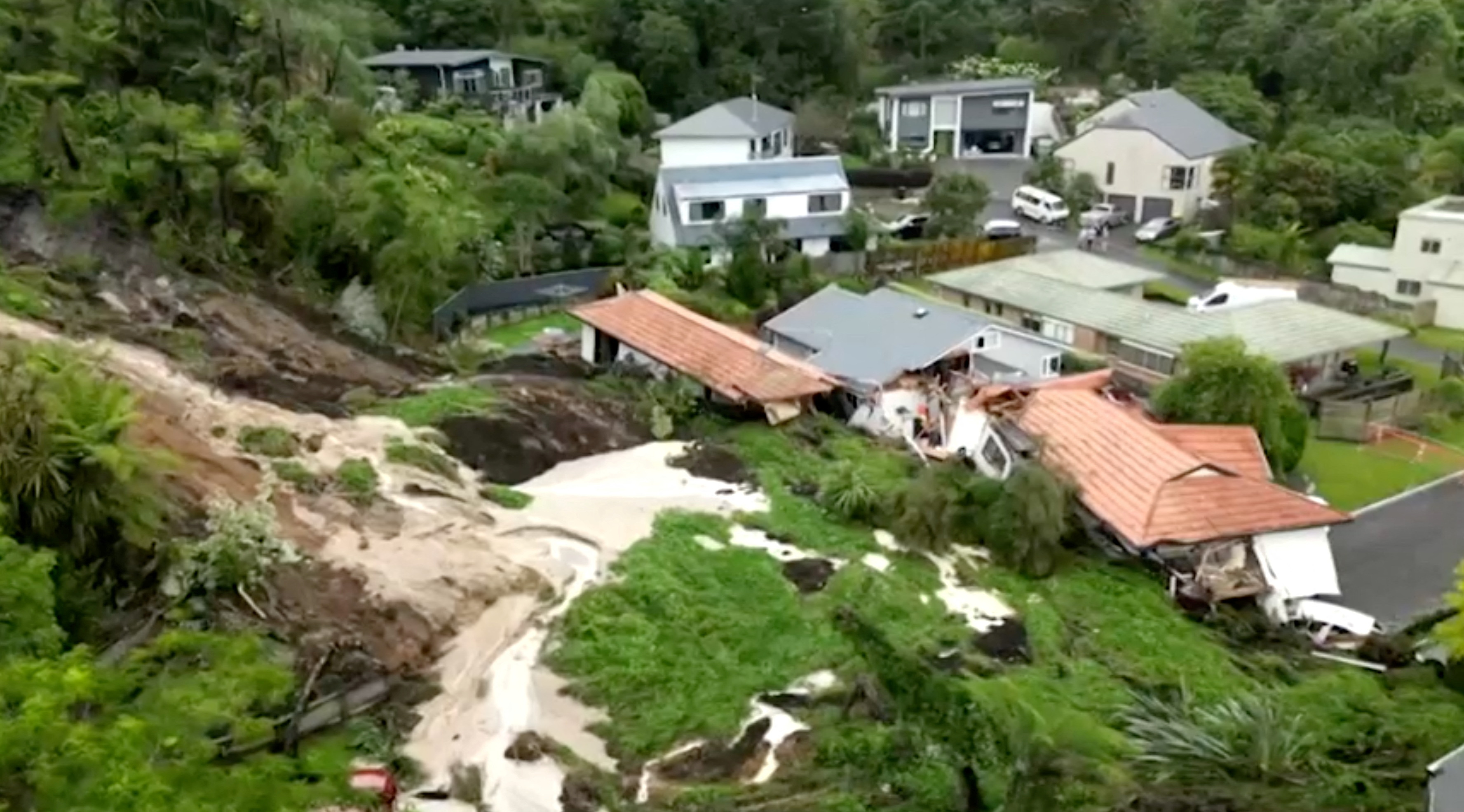 General view of the area where a landslide occurred due to flooding, in Auckland