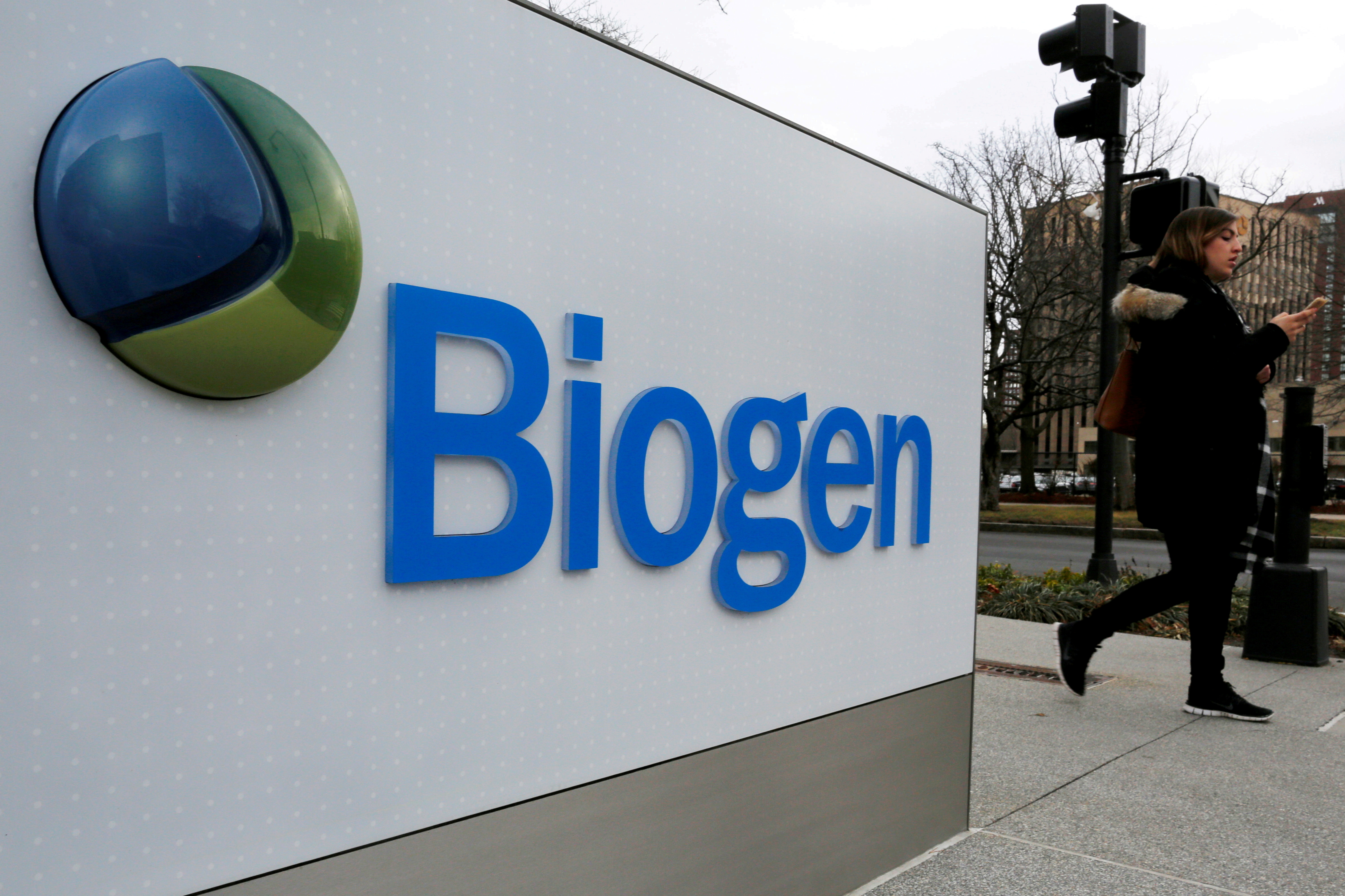 A sign marks a Biogen facility in Cambridge, Massachusetts. REUTERS/Brian Snyder