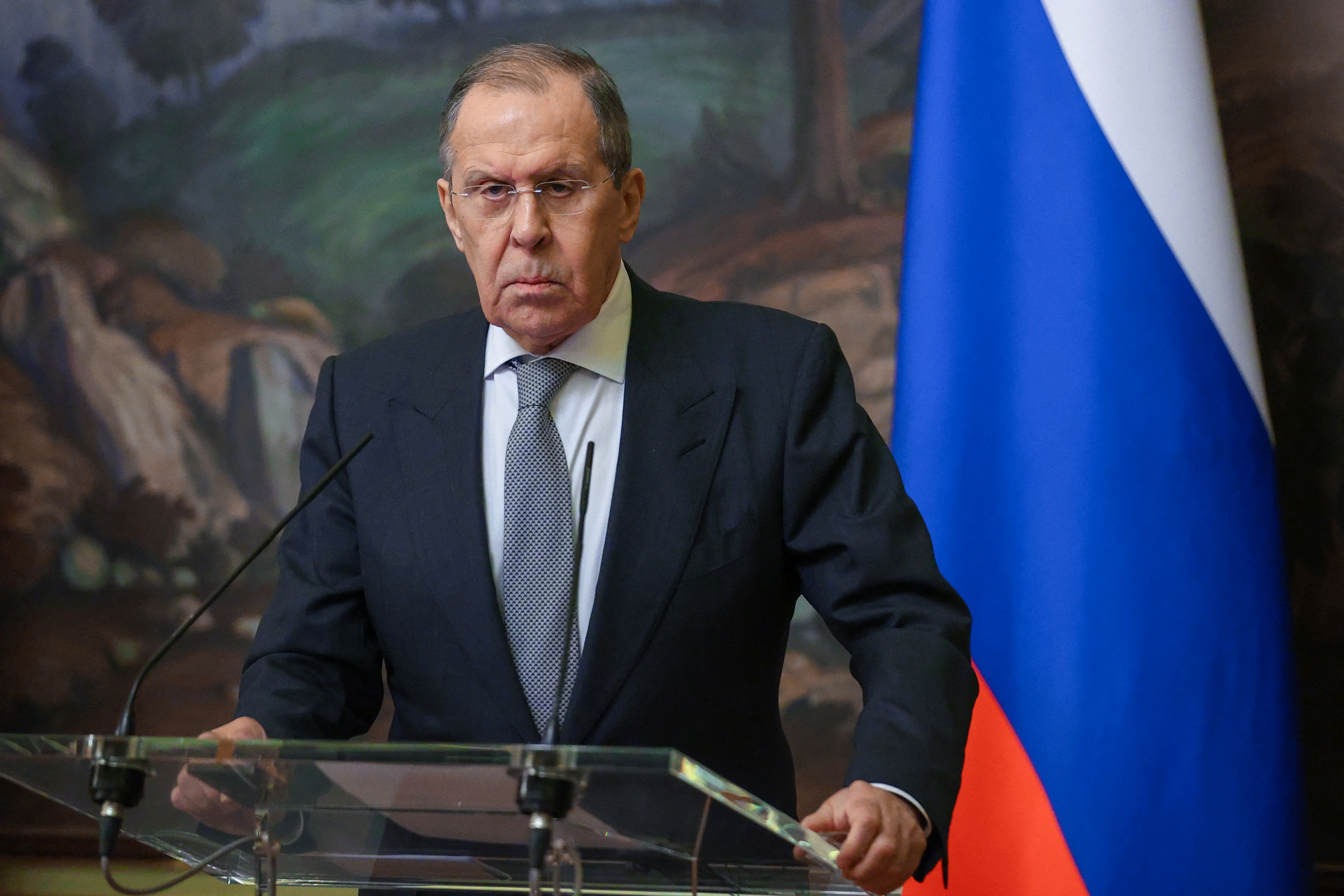 Russia's Foreign Minister Sergei Lavrov and Syria's Foreign Minister Faisal Mekdad attend a news conference in Moscow