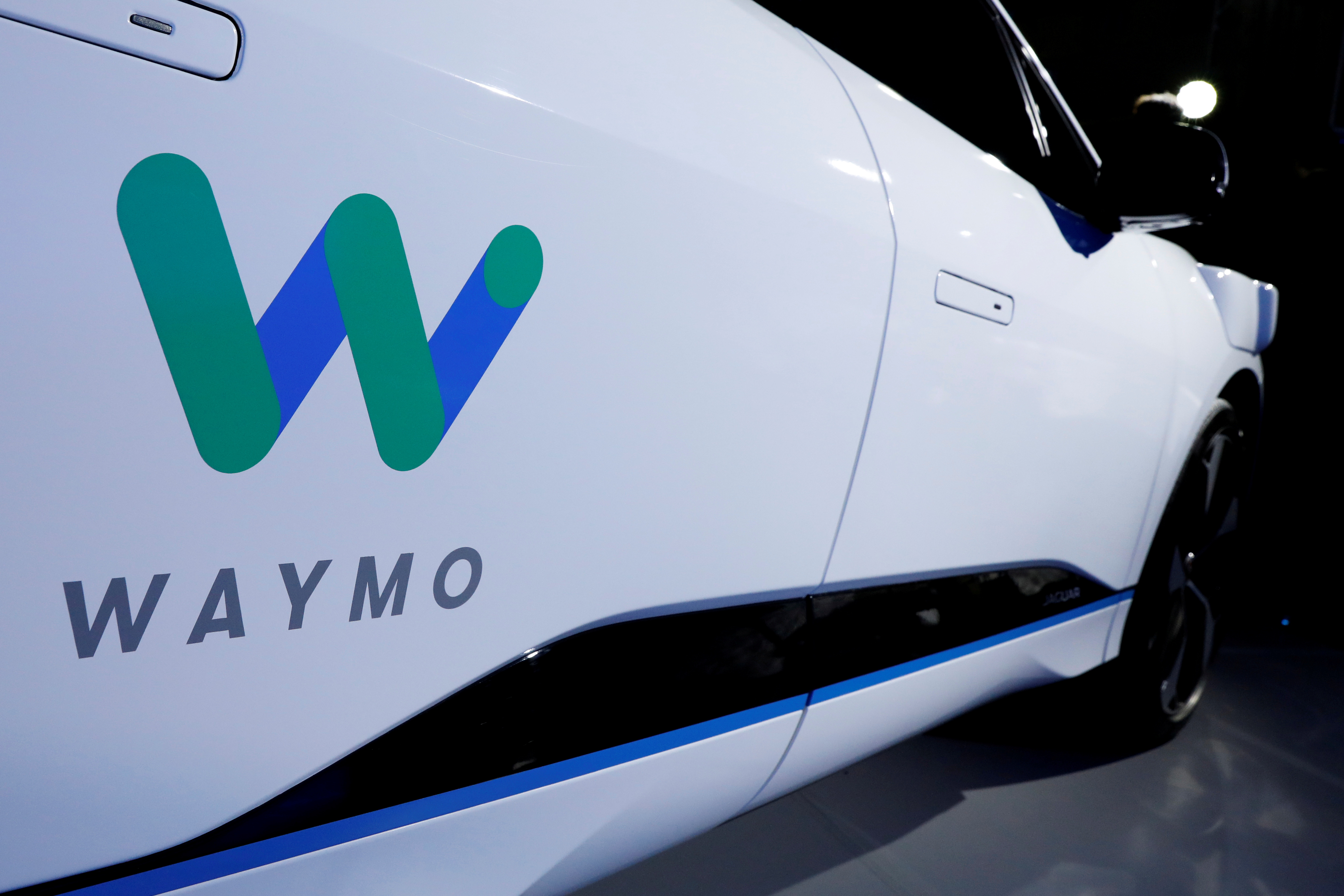 A Jaguar I-PACE self-driving car is pictured during its unveiling by Waymo in the Manhattan borough of New York