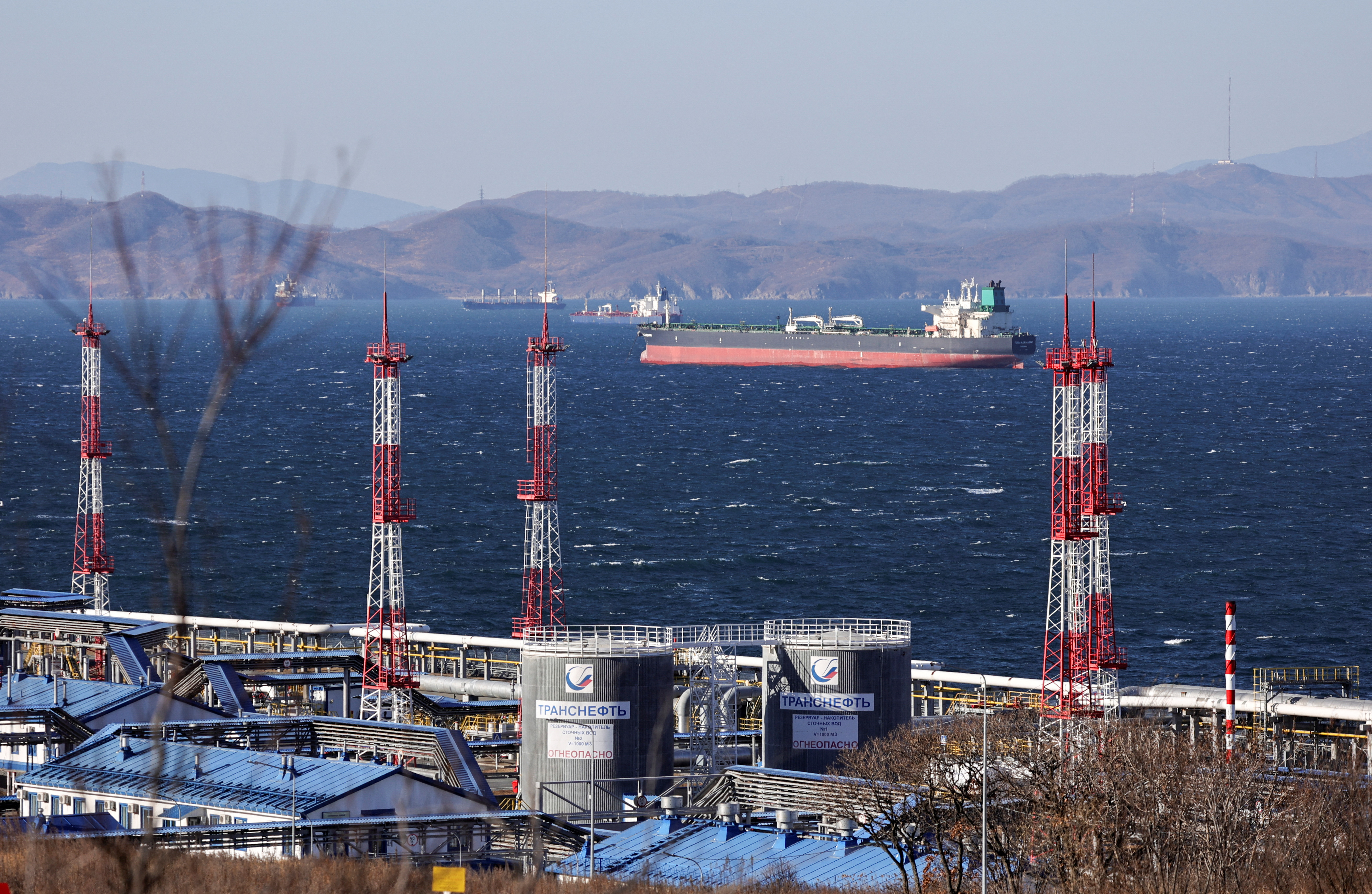 Fuga Bluemarine crude oil tanker lies at anchor near the terminal Kozmino in Nakhodka Bay