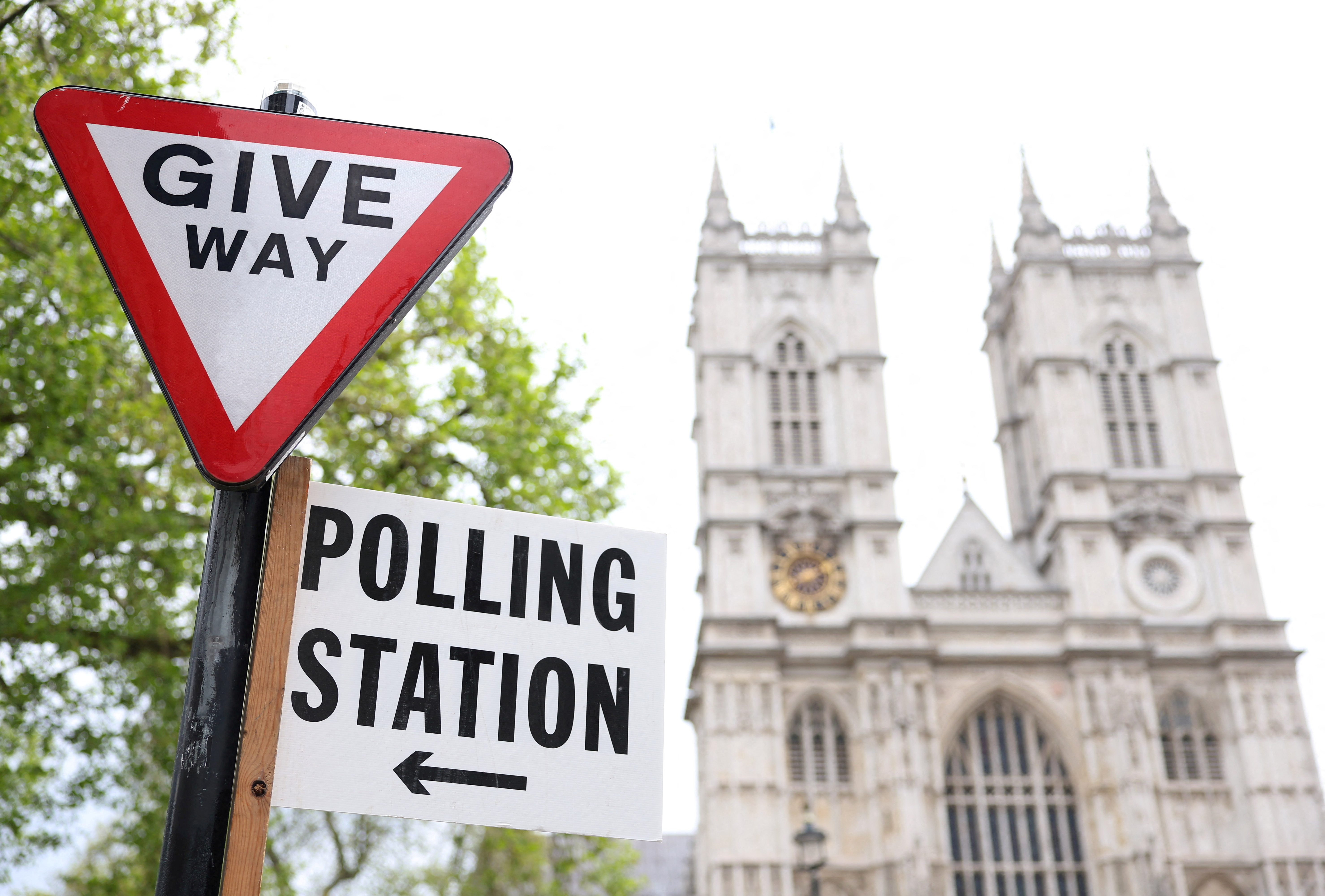 Polling station sign seen ahead of local elections, in London