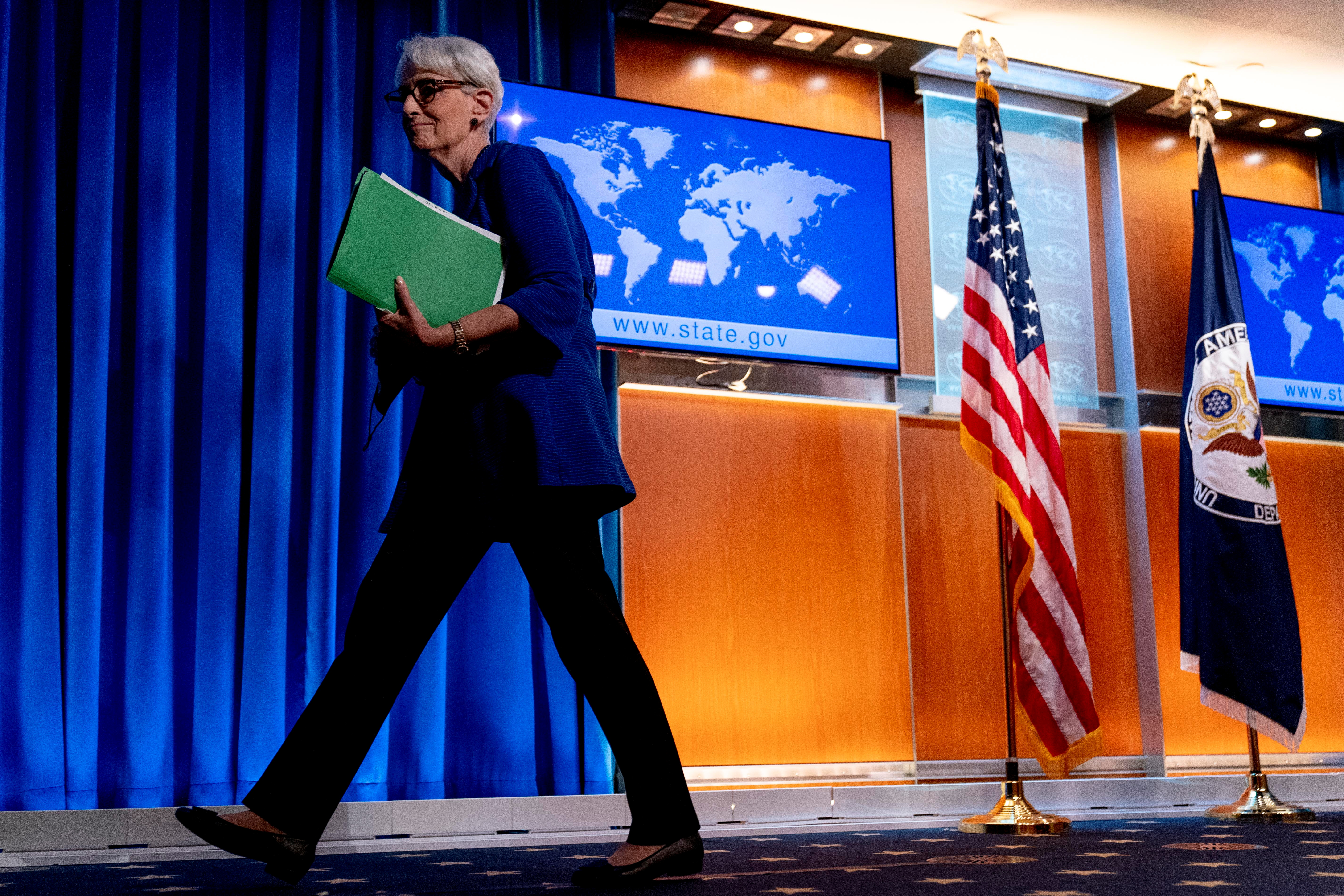 Deputy Secretary of State Wendy Sherman departs after speaking on the situation in Afghanistan at the State Department in Washington, DC, U.S. August 18, 2021. Andrew Harnik/Pool via REUTERS
