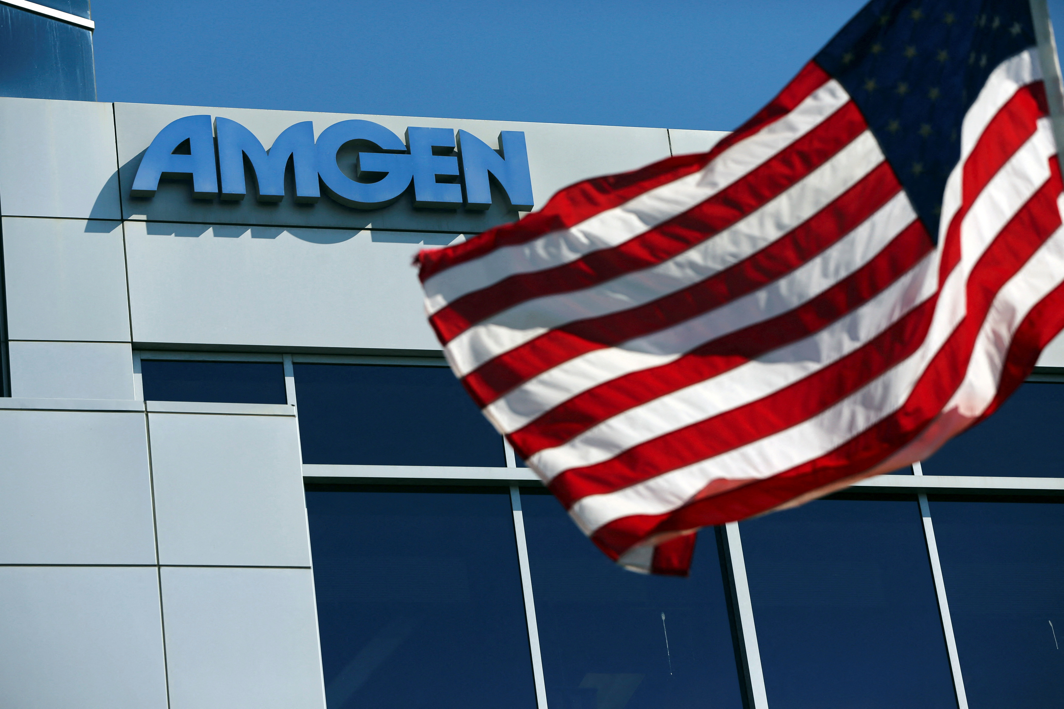 An Amgen sign is seen at the company's office in South San Francisco