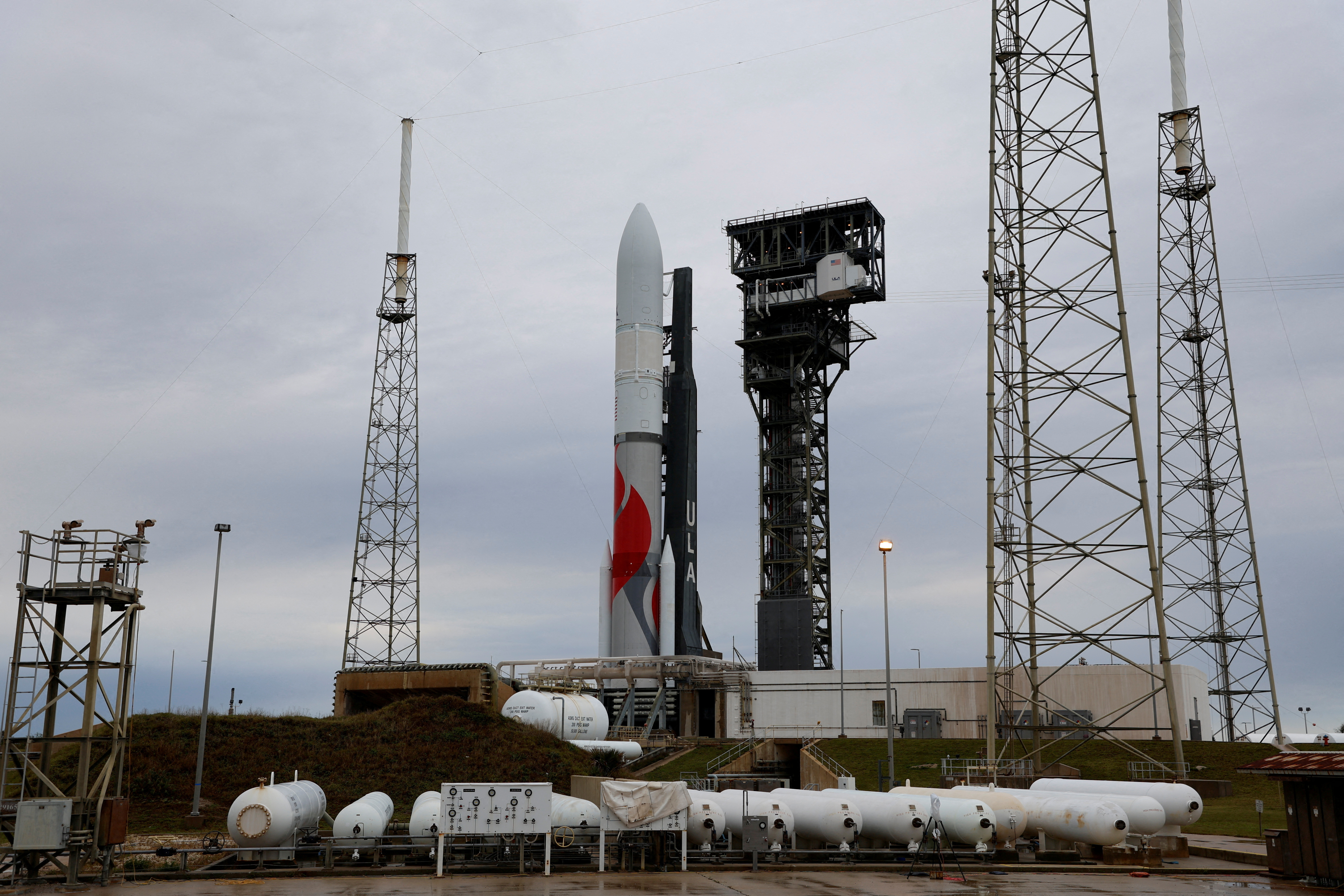 Boeing-Lockheed joint venture United Launch Alliance’s next-generation Vulcan rocket stands ready for launch on its debut flight from Cape Canaveral