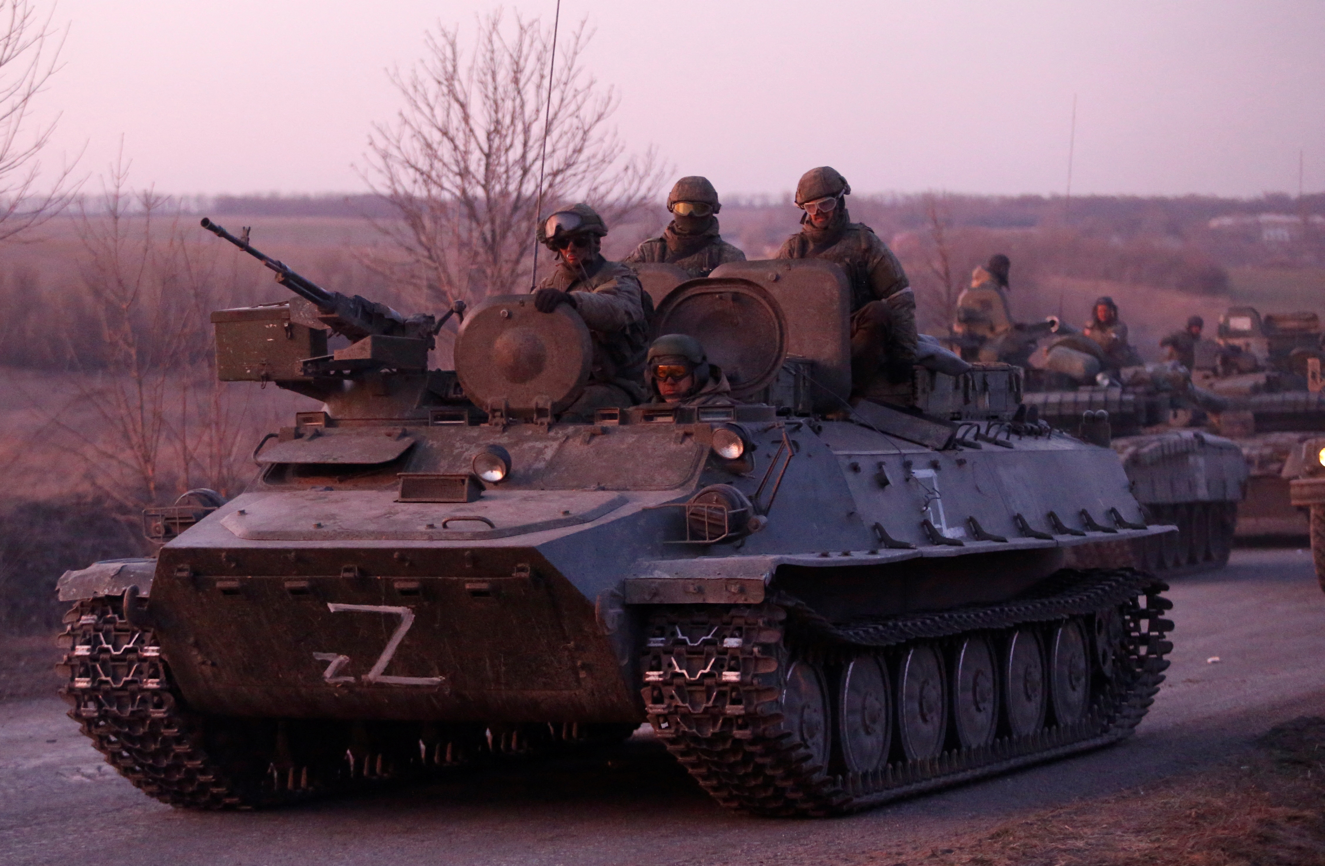 A view shows an armoured convoy of pro-Russian troops near the besieged city of Mariupol