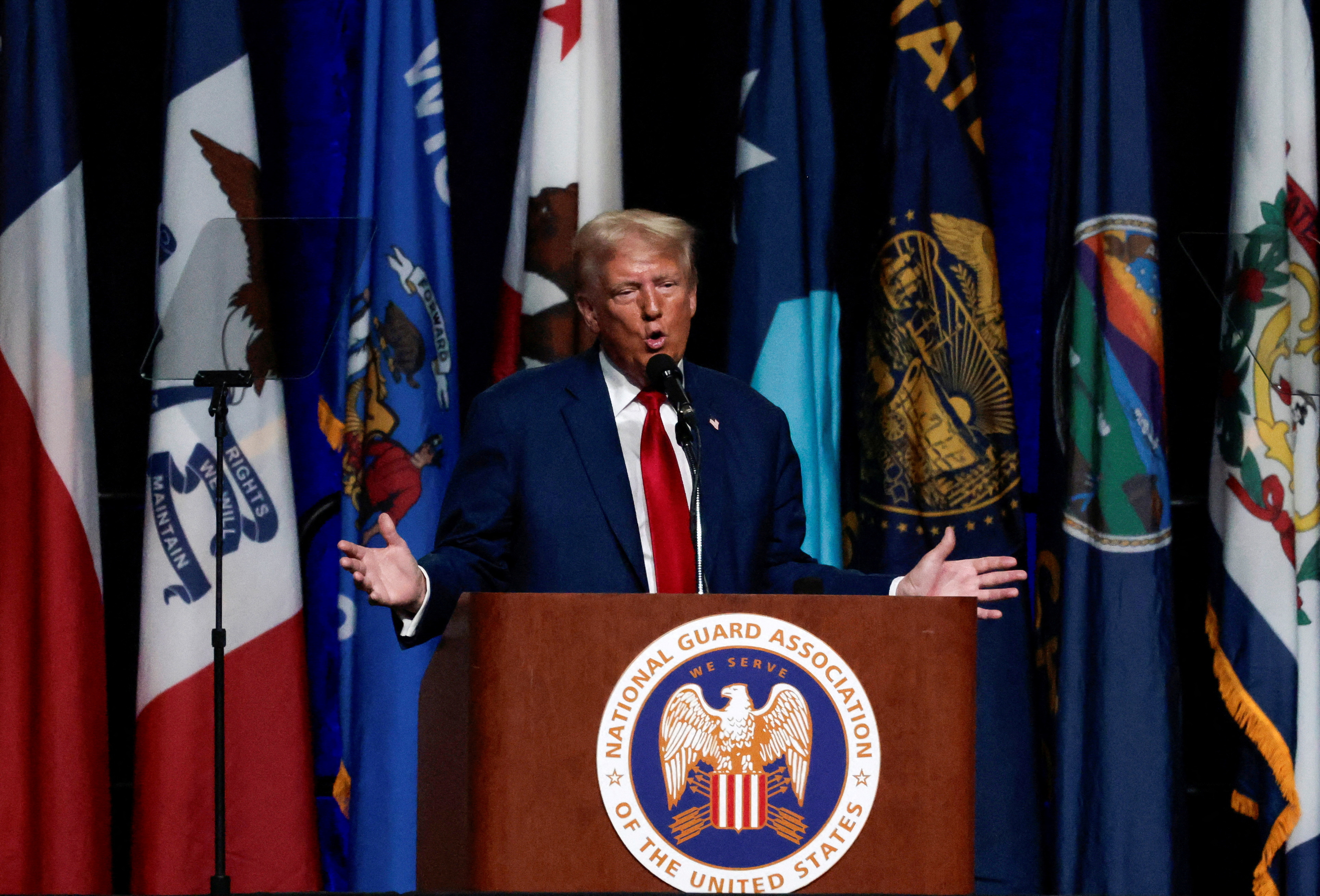 Republican presidential nominee and former U.S. President Donald Trump speaks at the National Guard of the United States NGAUS General Conference in Detroit,