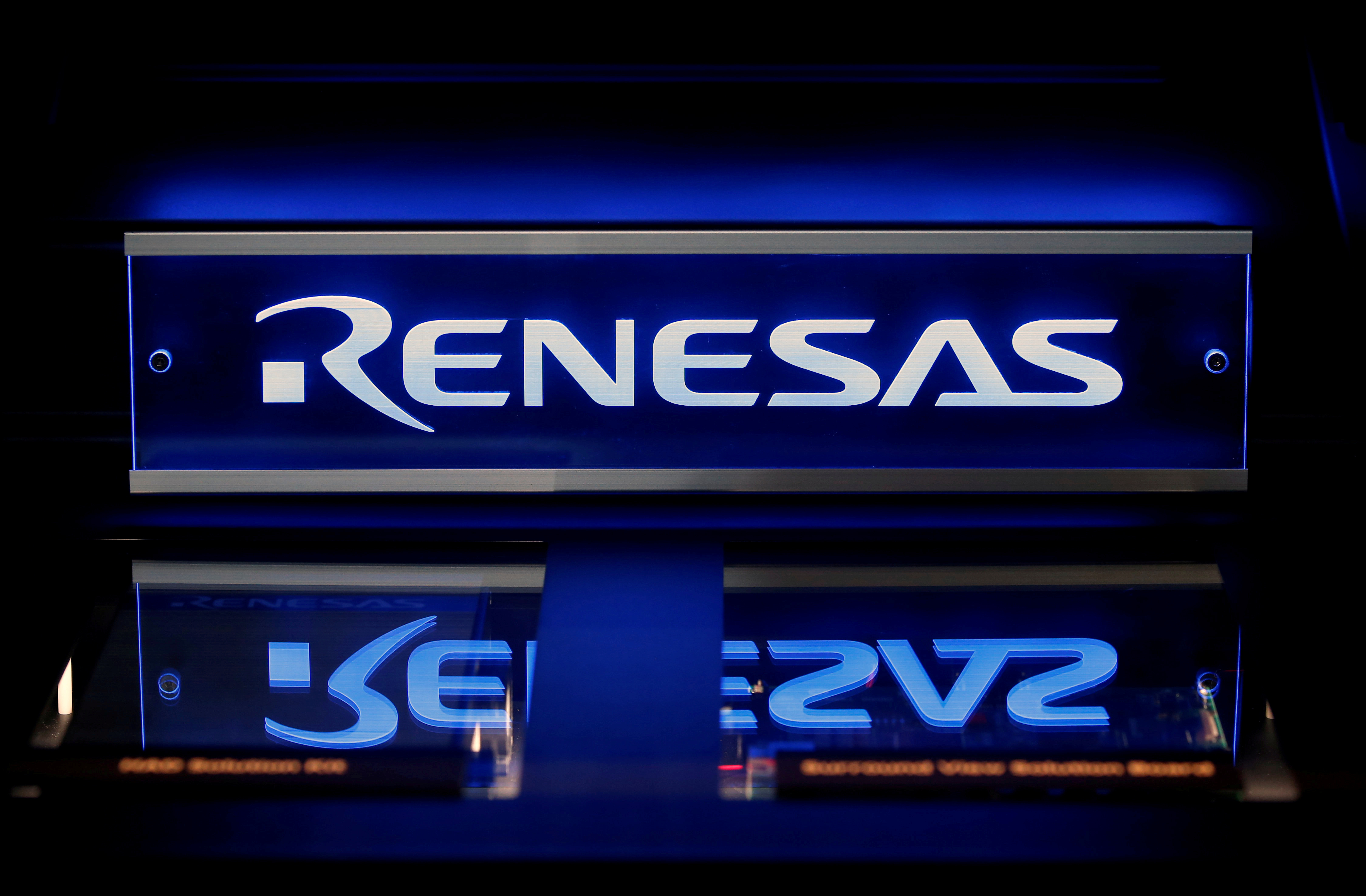 Renesas Electronics Corp's logo is seen on its product at the company's conference in Tokyo