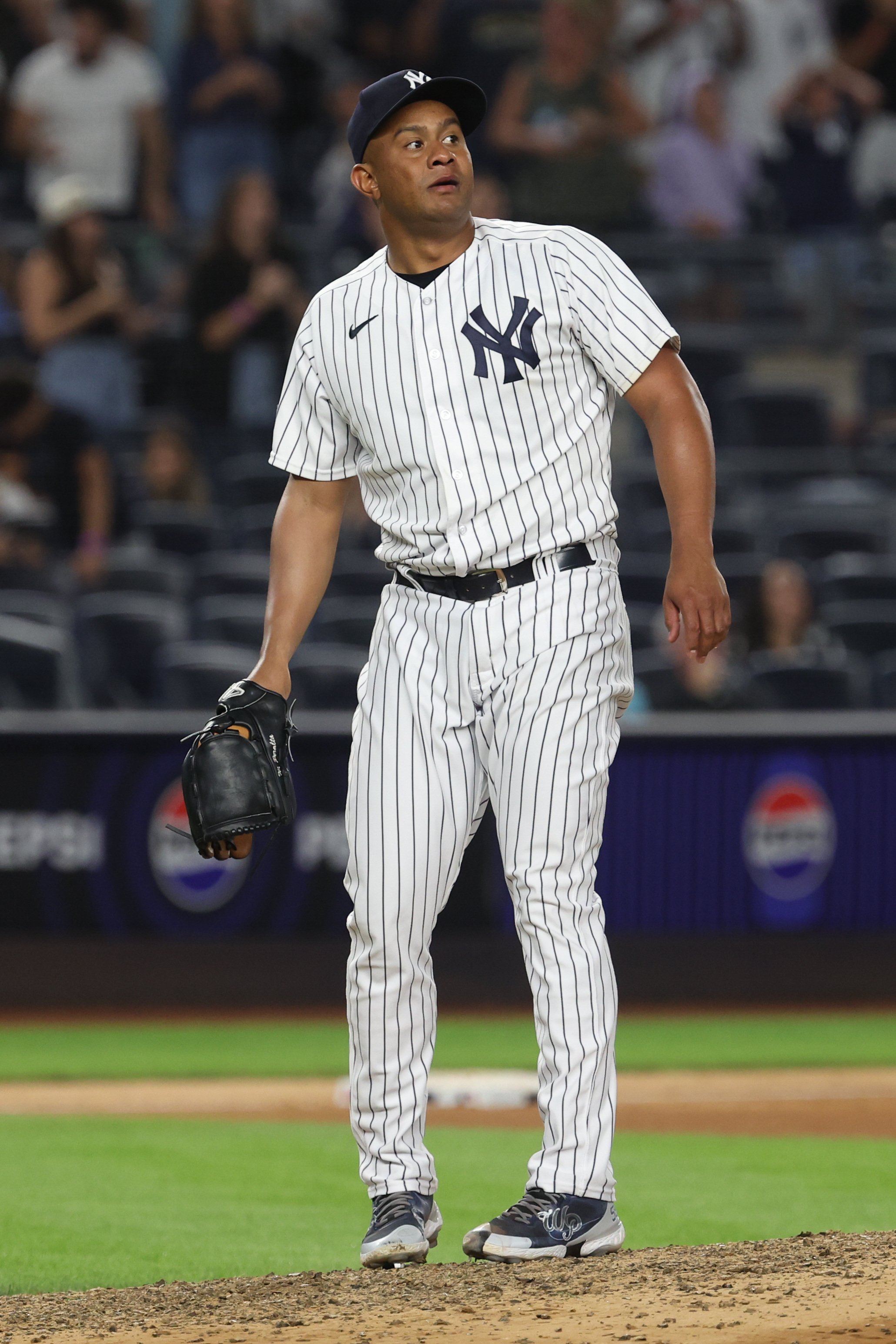 Rain. 16th May, 2018. New York Yankees right fielder Aaron Judge (99) in  the dug-out prior to the game against the Washington Nationals at Nationals  Park in Washington, DC on Monday, June