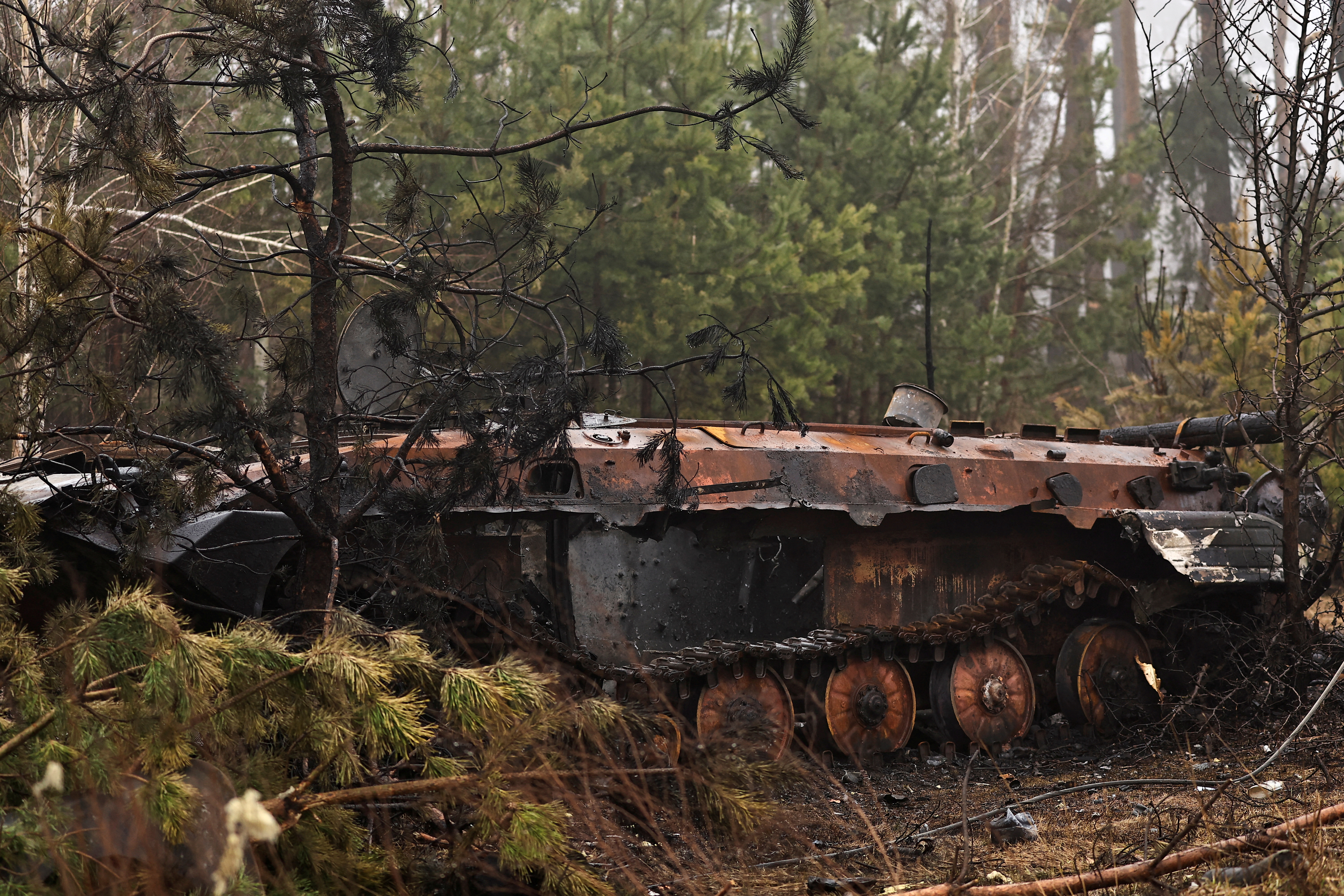 A view of destroyed Russian tank, in Dmytrivka village
