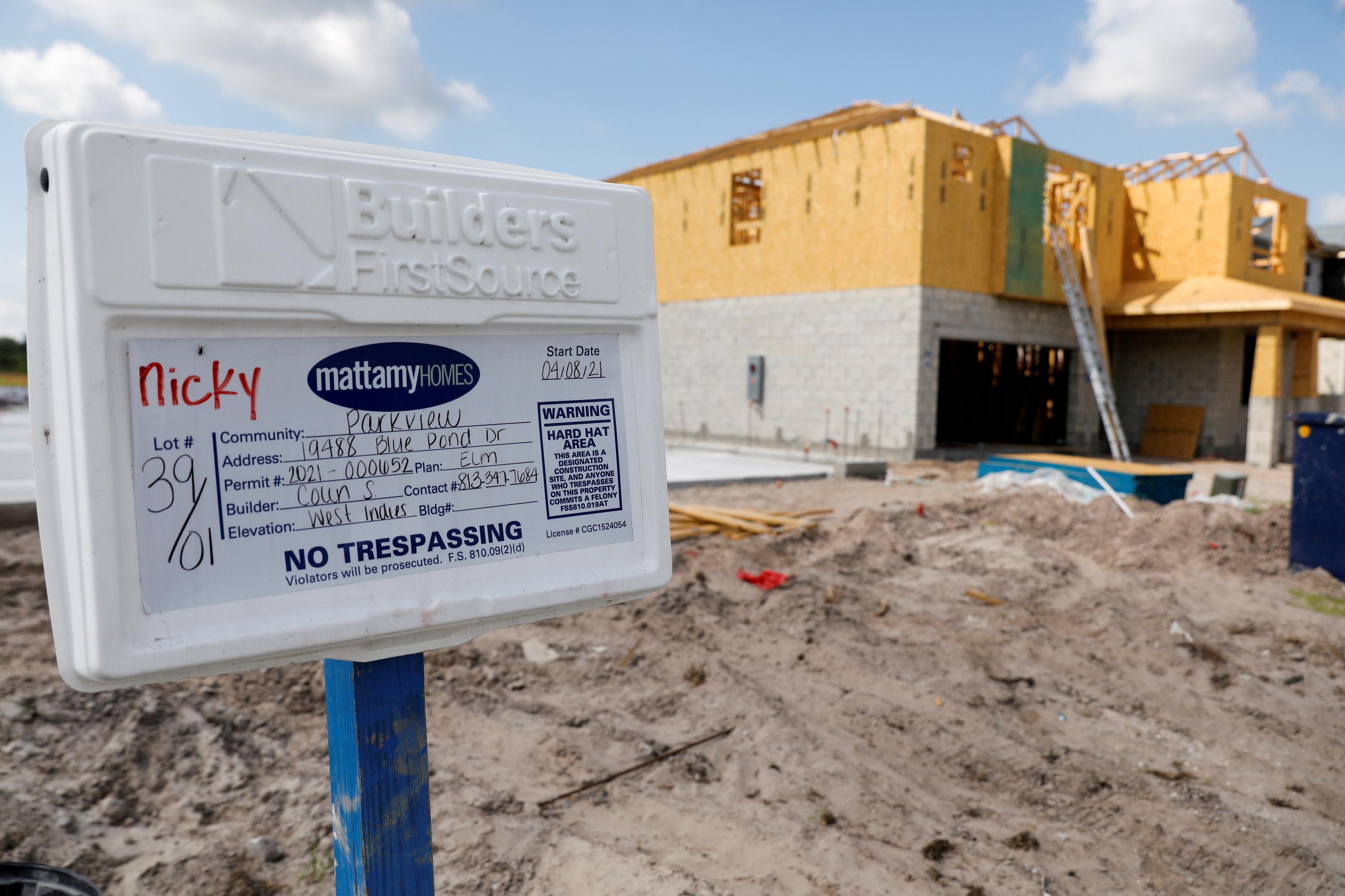 A new single family home is seen under construction while building material supplies are in high demand in Tampa, Florida, U.S., May 5, 2021. REUTERS/Octavio Jones/File Photo