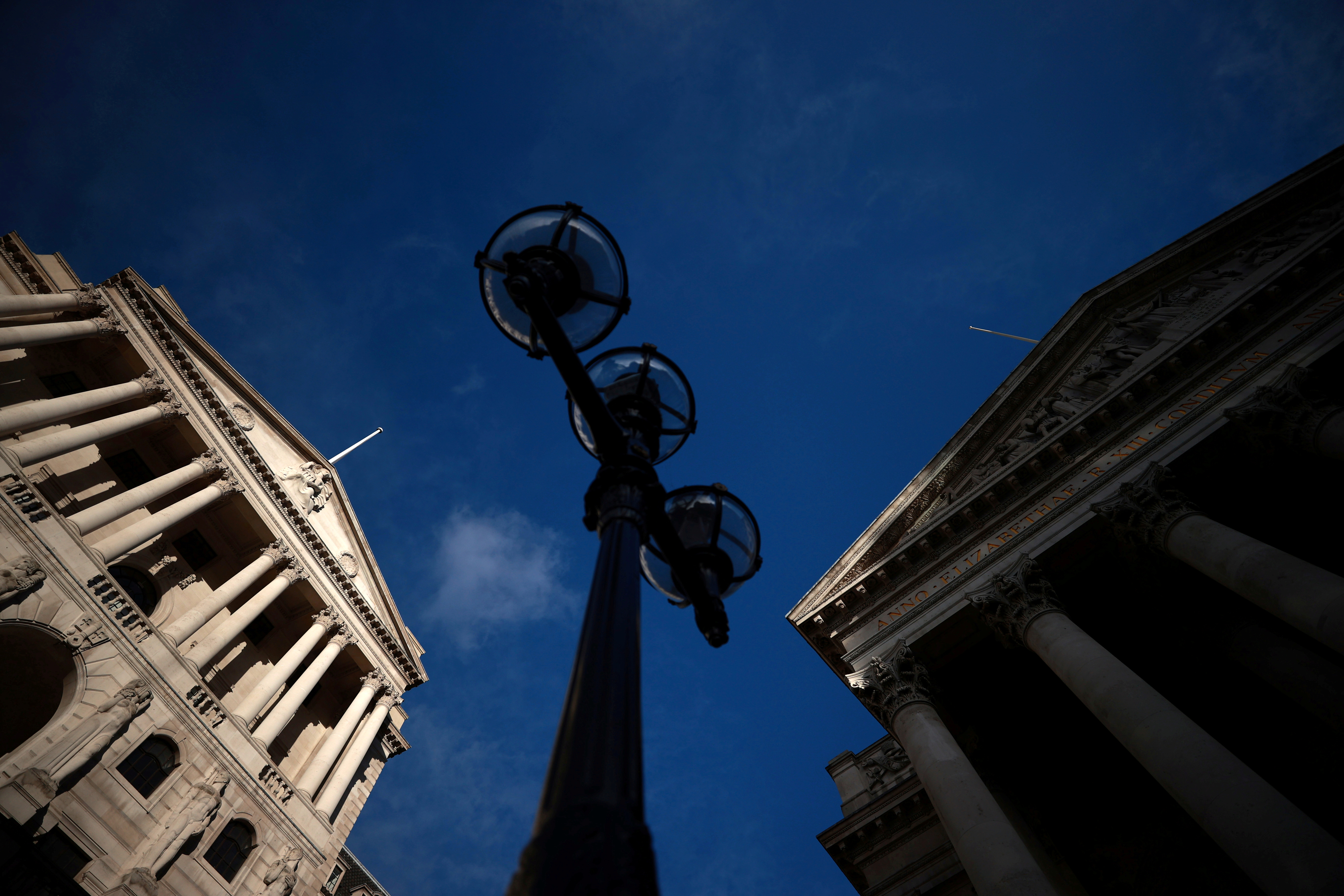 A general view shows the Bank of England and the Royal Exchange Building in London