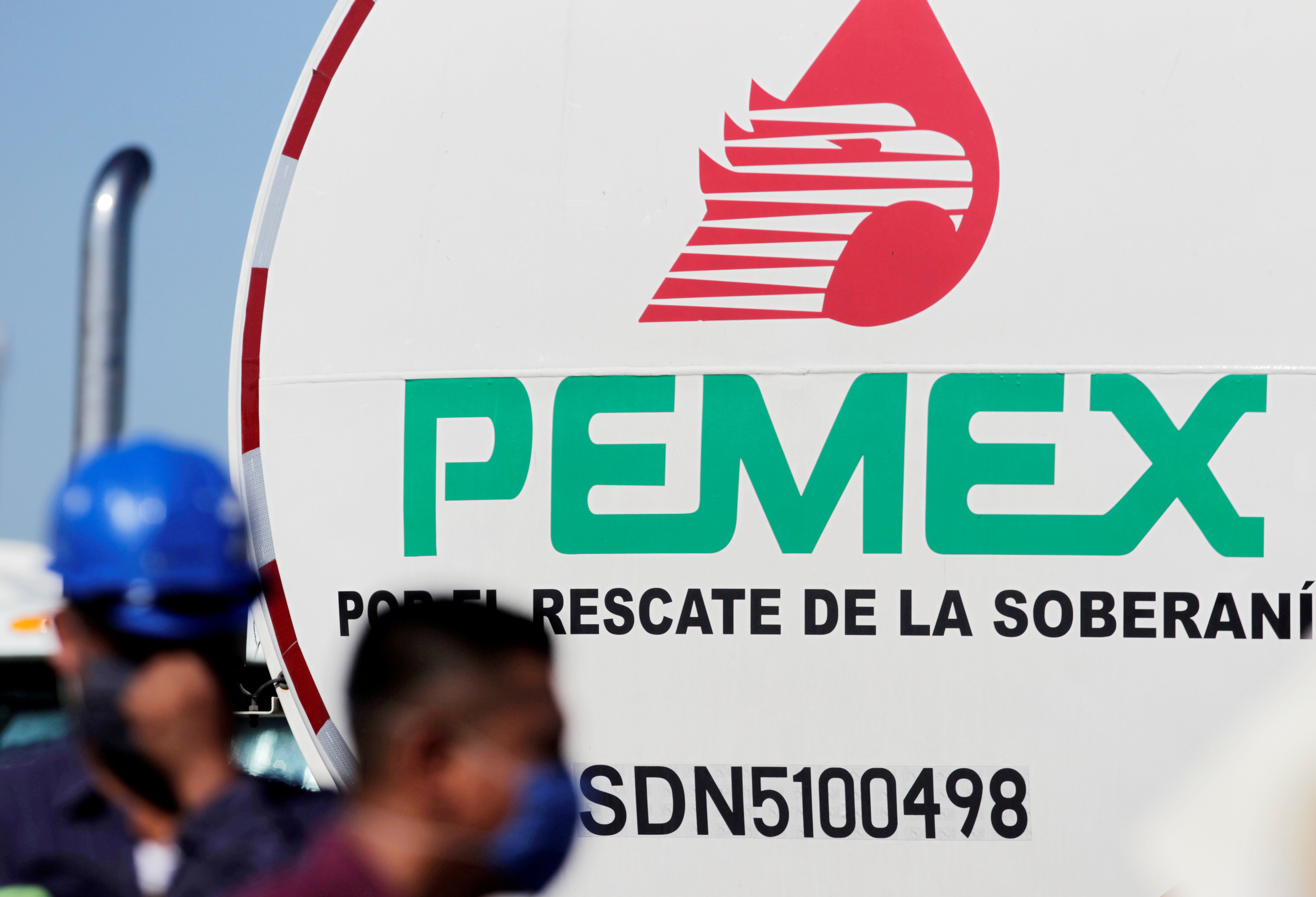 FILE PHOTO: A Pemex logo is pictured during a visit by Mexico's president, Andres Manuel Lopez Obrador, to Cadereyta refinery, Monterrey