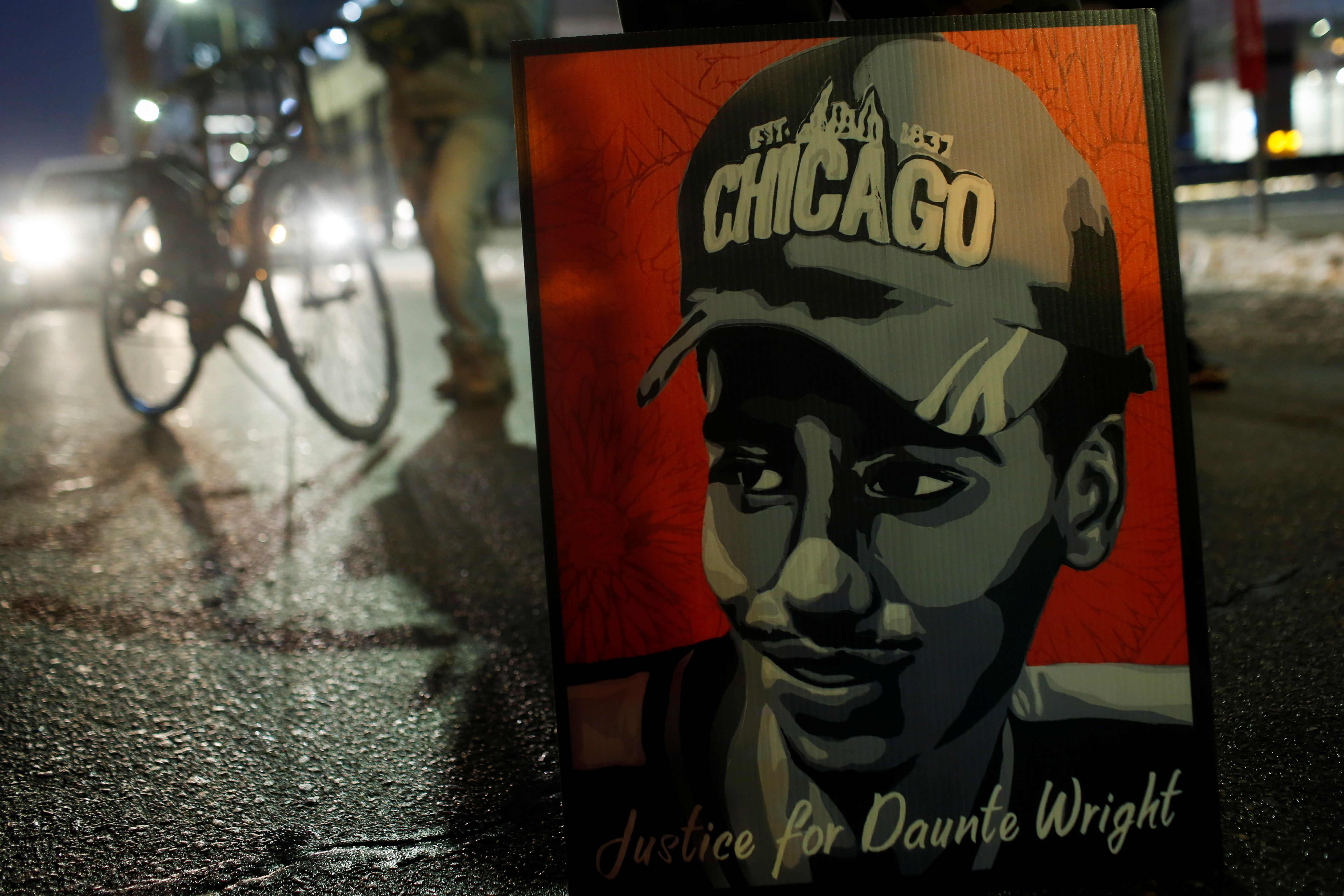 A poster of Daunte Wright is seen during a demonstration in Minneapolis, Minnesota, U.S. December 8, 2021.  REUTERS/Nicole Neri