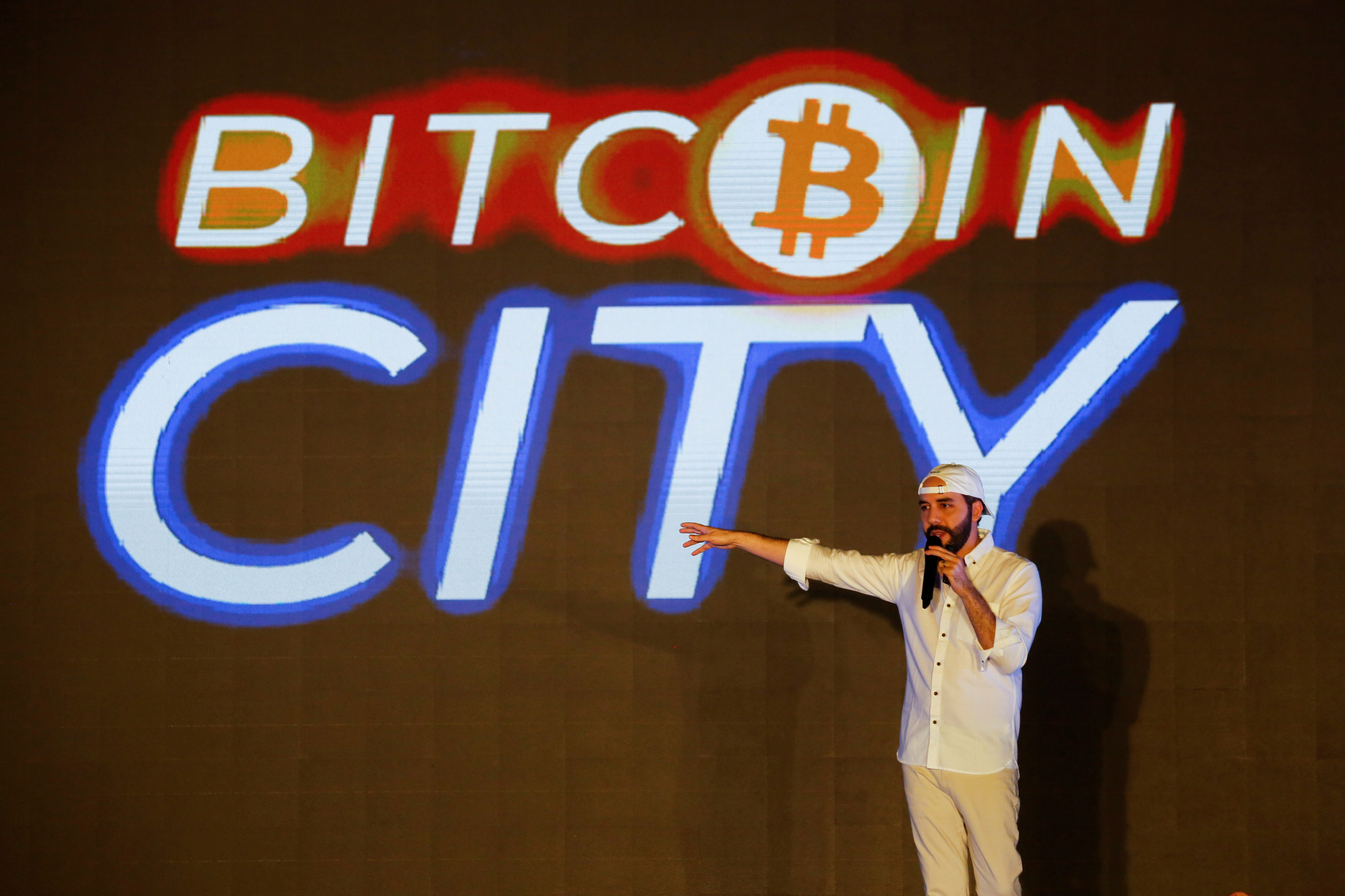 El Salvador's president Nayib Bukele speaks at the closing party of the “Bitcoin Week” where he announced the plan to build the first 